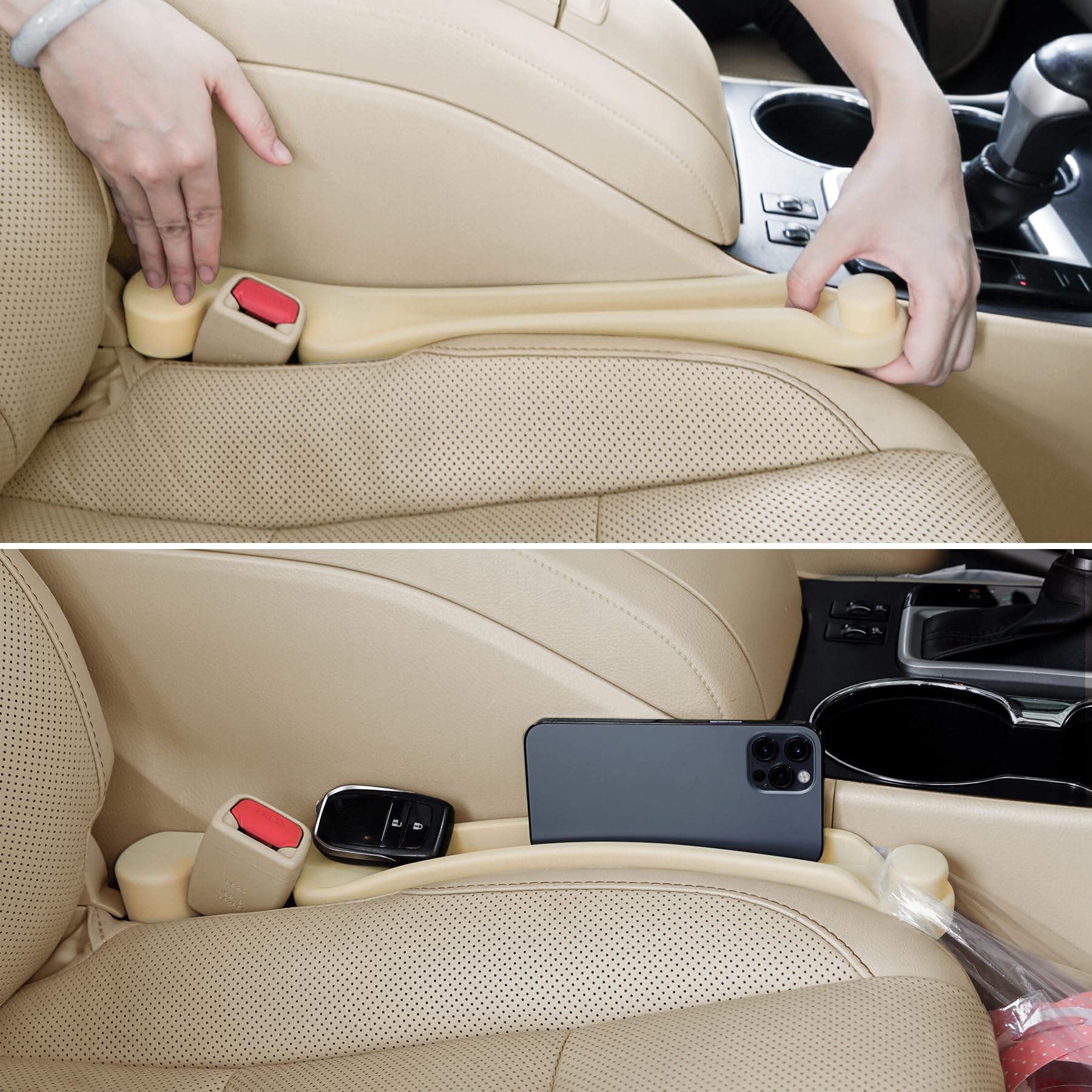 Car Seat Gap Filler 2 Pack Soft Foam Multifunctional Seat Side Gap Filler with Organizer & Hook Function, 3in1 Gap Stopper Universal Fit Car SUV Truck Fill The Gap Between Seat & Console (Warm Beige)