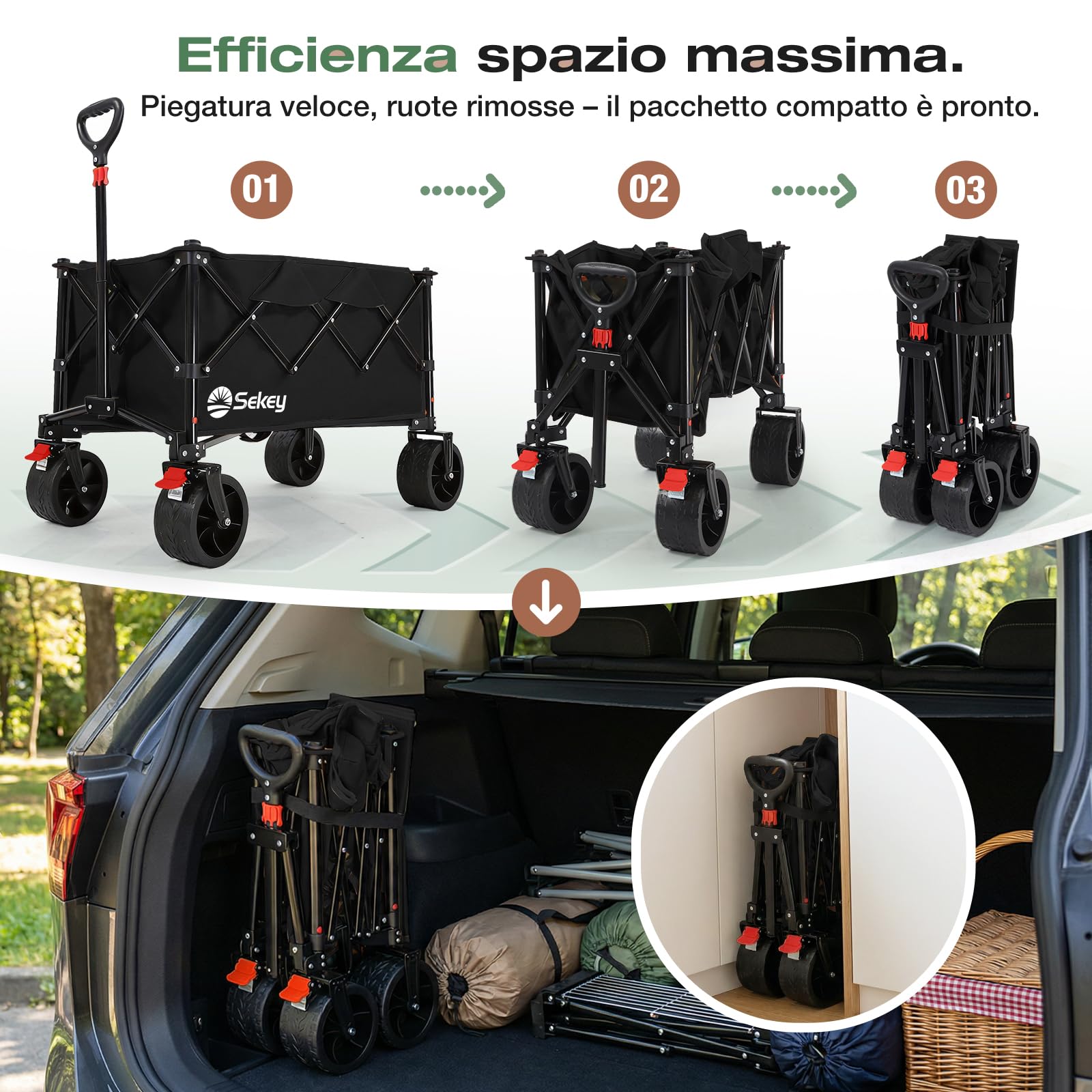 Sekey Carrello Pieghevole XXL 135L, Capacità di Carico 150KG, Ruote 17x8,5 cm con Freno, Montaggio Istantaneo Brevettato 4 Vie, Carrello Portacarichi Leggero SE4031, Nero