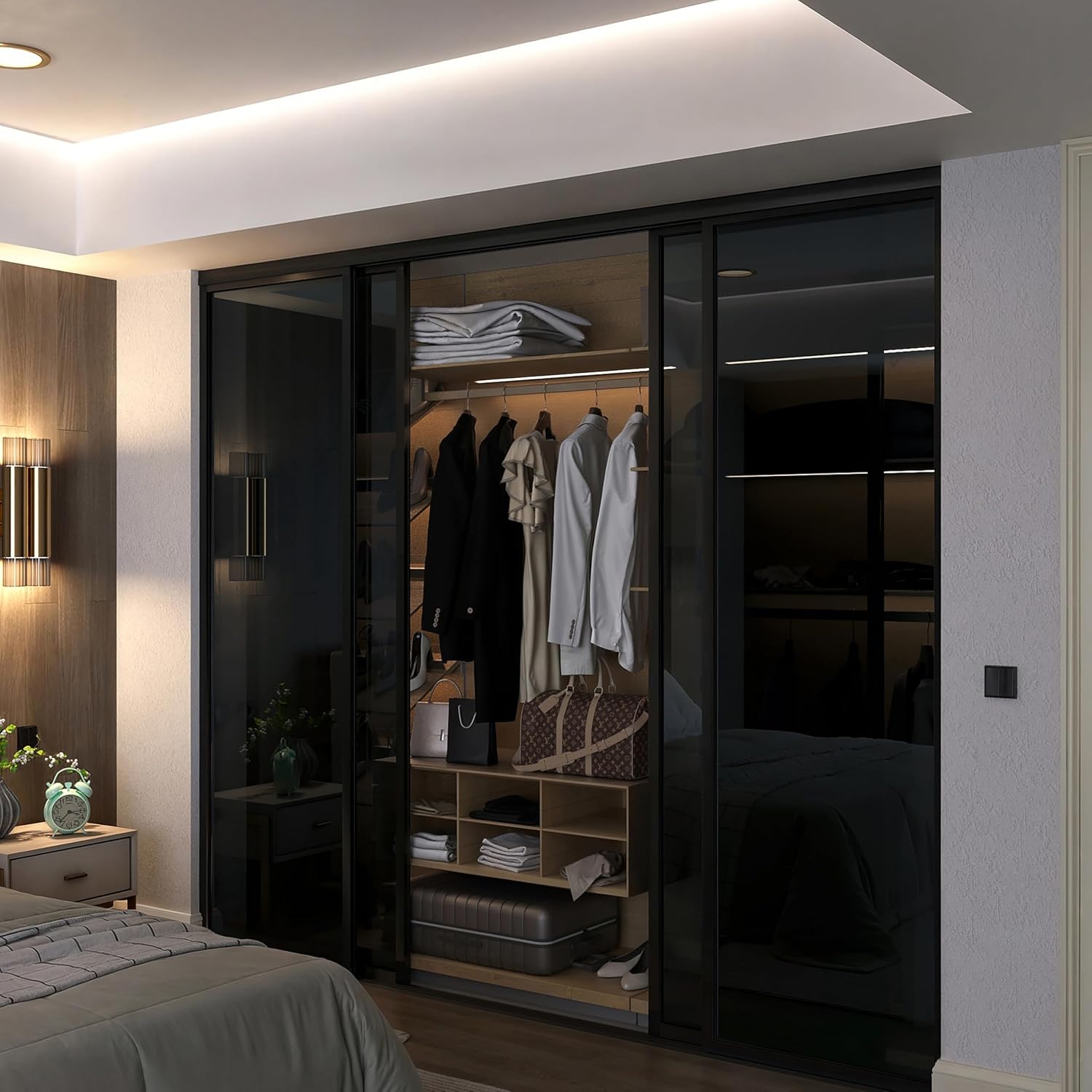 Door55 4 Panel Glass Sliding Door with Aluminum Frame, Silent Glide Technology - Bedroom Closet Doors (Smoked Glass, 120x80)