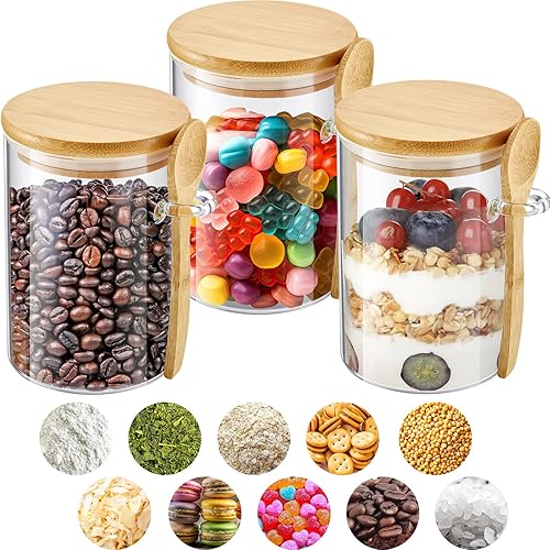 Tessco - Juego de 8 tarros de vidrio con tapas y cucharas de bambú de 17 onzas, recipientes para café y azúcar, recipientes de avena con tapas,