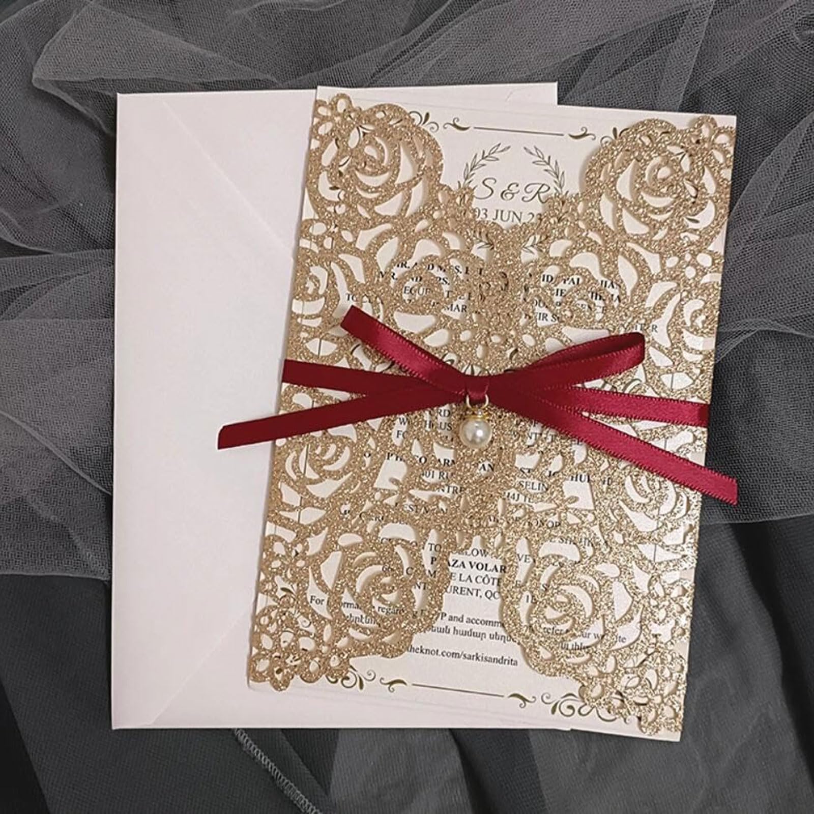esmen 50 Sets 5 x 7 Cartes d'invitations de Mariage à Fleurs de Rose au Laser, Champange Gold Invitaciones avec Bowknot et enveloppes Invitation pour l'invitation de Mariage