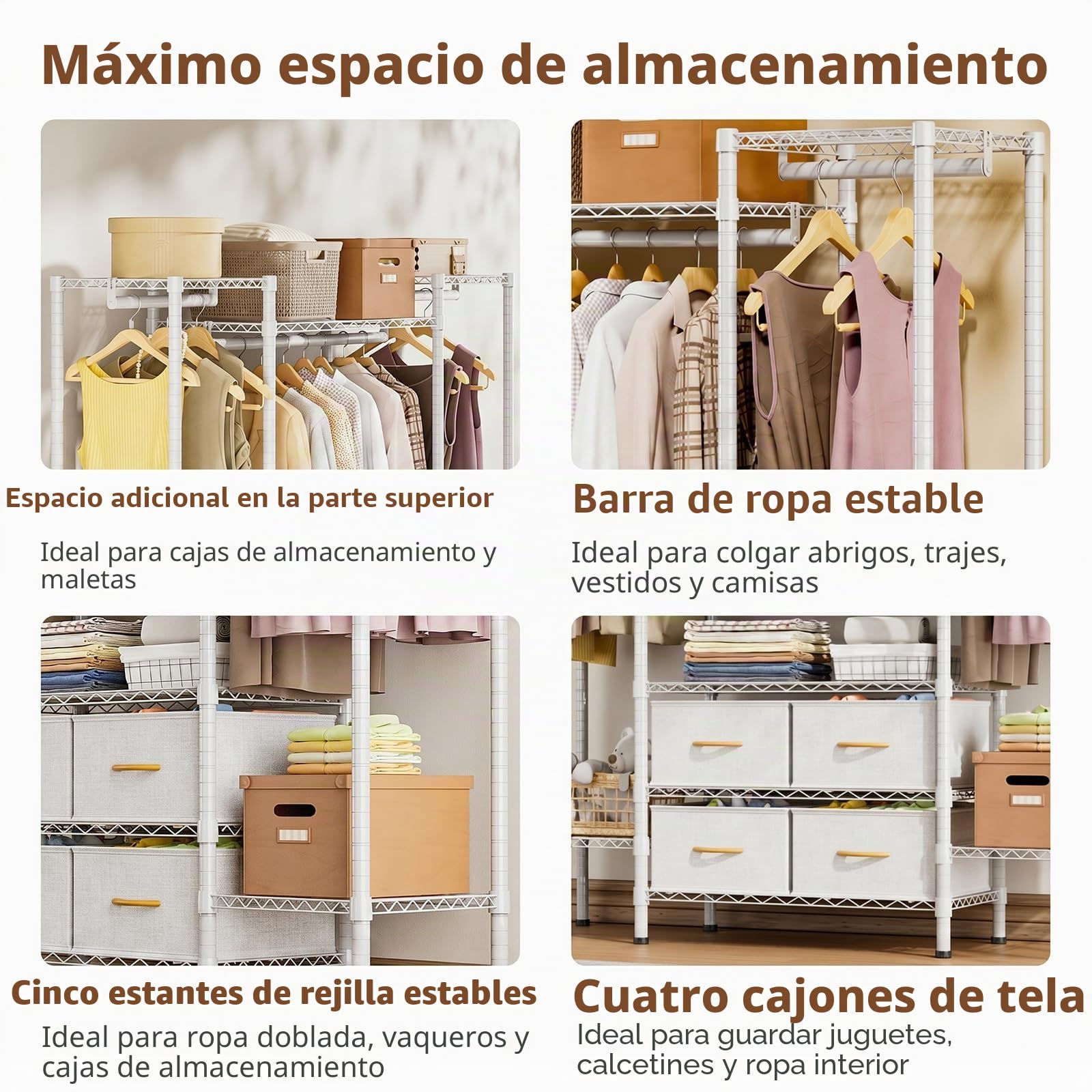 Himimi Perchero con 4 Cajones, Armario Abierto con 3 Barras para Ropa & Estantes de Altura Regulable, Estructura Metálica Resistente para Dormitorio, Lavadero, Balcón 154x40x180cm Blanco