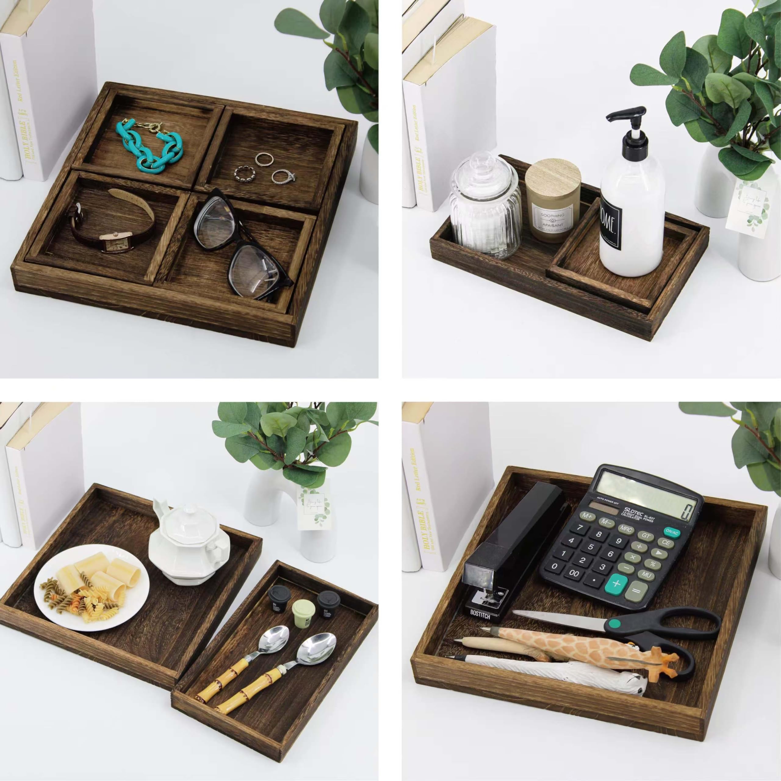 Bandeja de servir de madera rústica de 18.1 pulgadas con asas, bandeja de desayuno, bandeja de madera decorativa para comer, trabajar, almacenar, utilizada en dormitorio, cocina, sala de estar, baño y