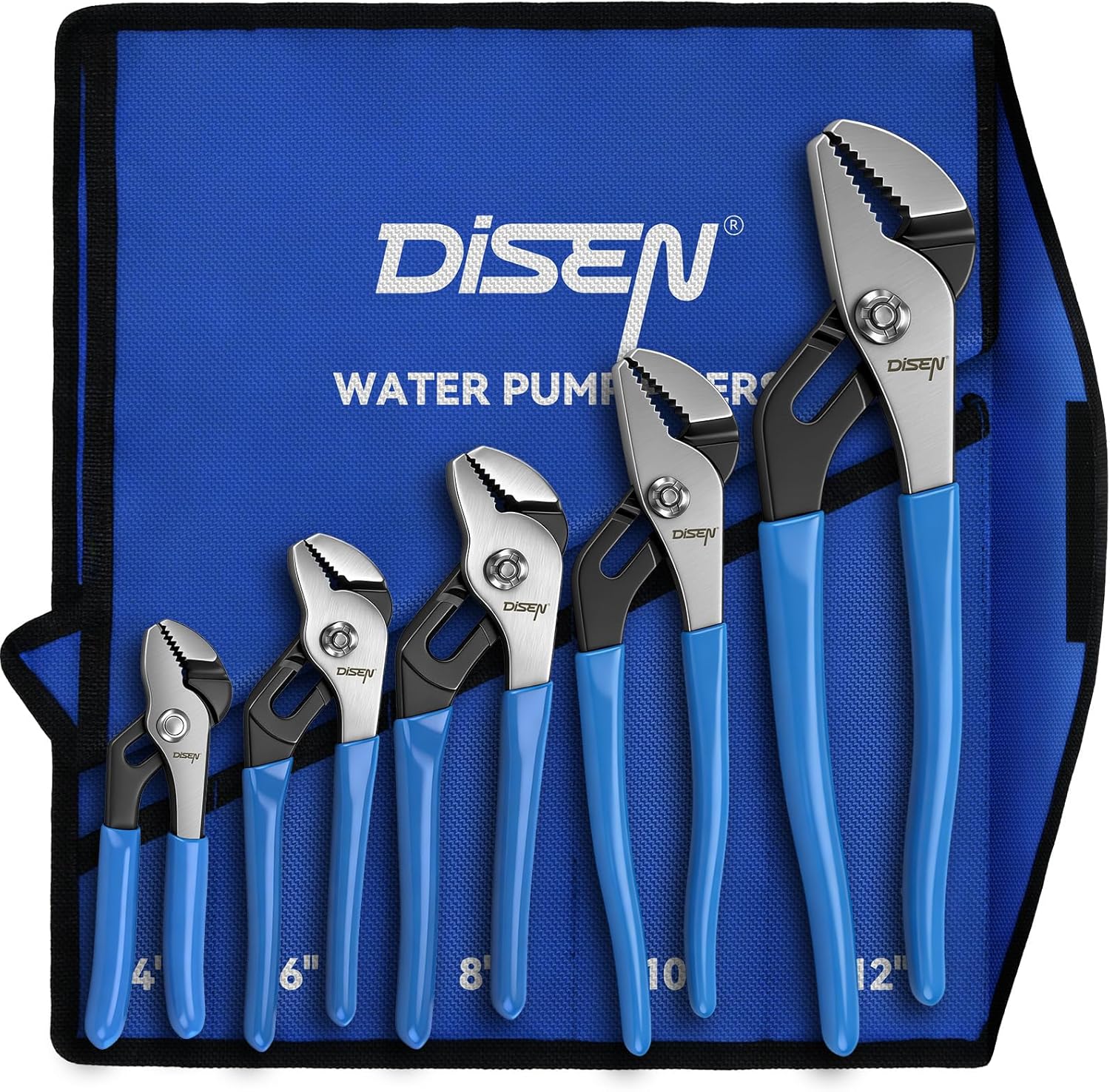 DISEN Channel Locks Pliers 5-Piece, Slip Joint Pliers Set with Dipped Handles, Adjustable Water Pump Pliers 4‘’ 6‘’ 8‘’ 10‘’ 12‘’, Tongue and Groove for Home Repair, Gripping, Nuts, Bolts, Pipe