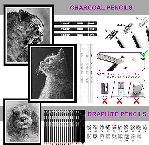 Miniatura 5 de HIFORNY Juego de 60 lápices de dibujo, lápices de bocetos, suministros de arte con cuaderno de bocetos de 3 colores, grafito, carbón, lápices de
