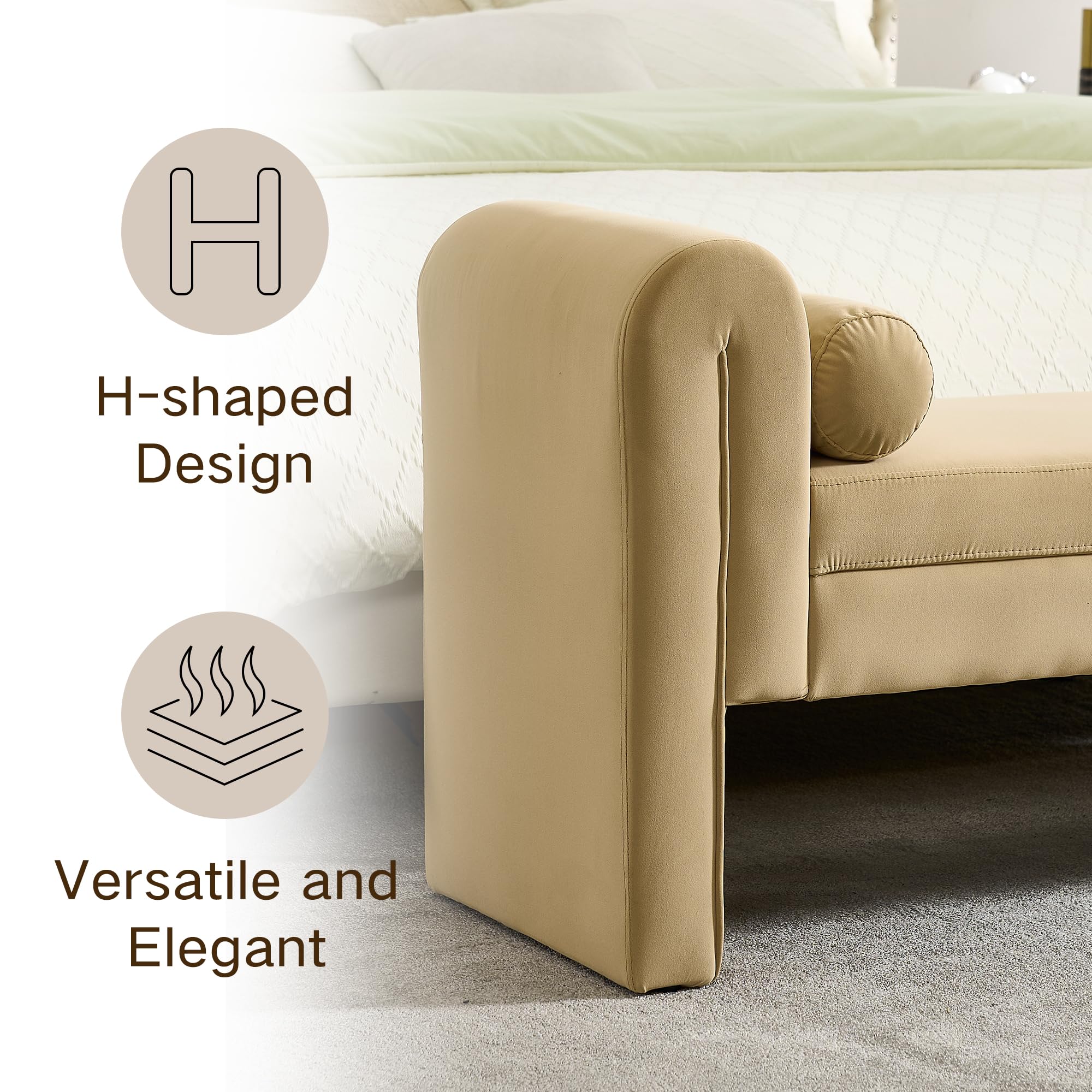 Hdxdkog Storage Bench for Bedroom End of Bed, Velvet Upholstered Rolled Armed Button Tufted Sofa Stool Bench, Storage Ottoman Couch Long Bench with Solid Wood Legs ()