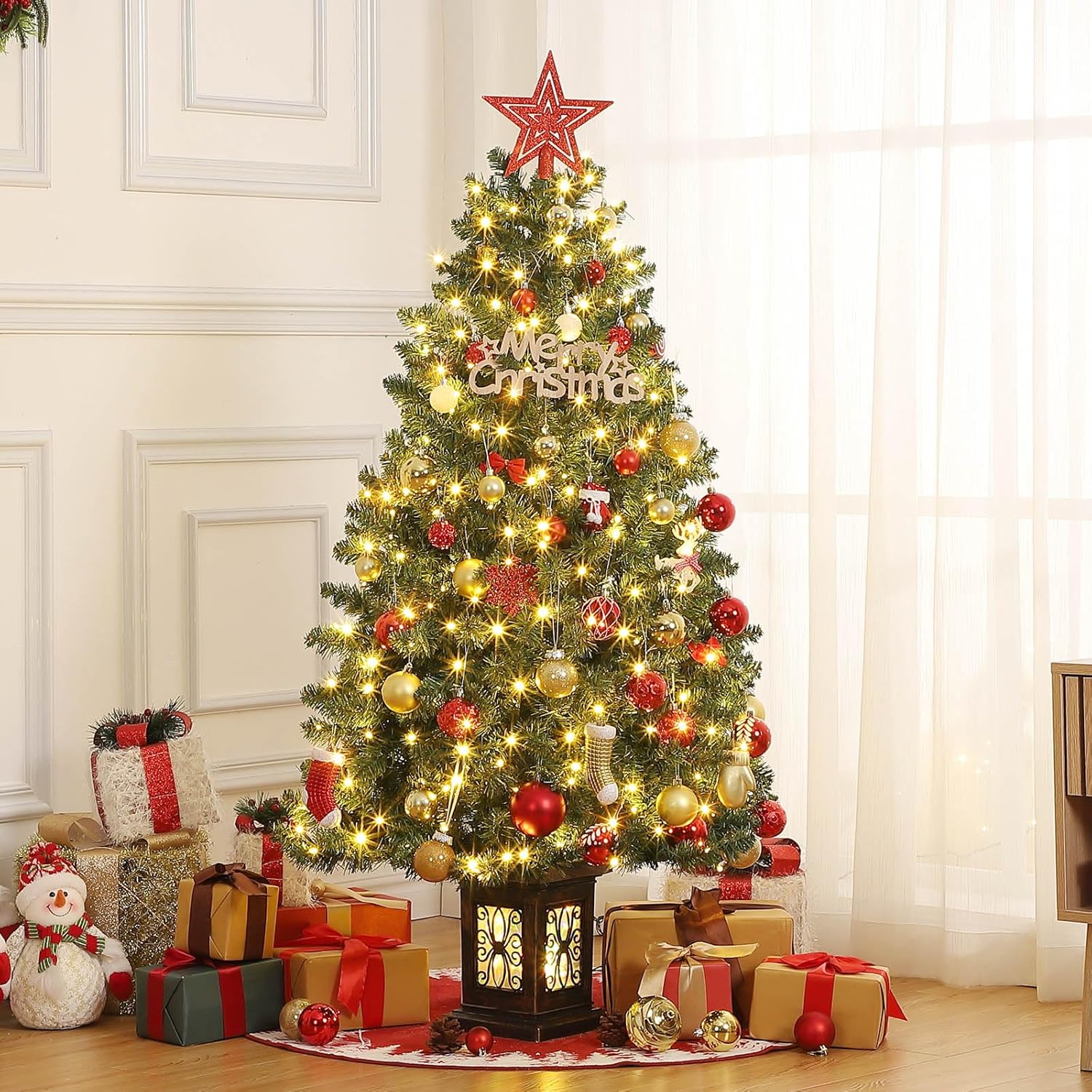 Garvee Pre-lit Artificial Christmas Tree with Warm White Lights, Green Full Christmas Tree 4.5 ft with 8 Light-Modes, Pre Lighted Xmas Tree W/460 Branch Tips, 300 Light & Antique Urn Base,1 PCS