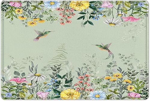 Miniatura 7 de LB Watercolor Floral Shower Curtain Sets with Rugs Hummingbird and Colorful Flower with Eucalyptus Leaf on Sage Green Fabric Shower Curtain with