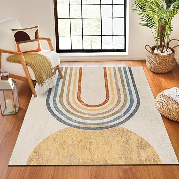 Livabliss Asuncion Machine Washable Rug - Modern Area Rugs Living Room, Large Rug 120x170 cm - Traditional Boho Style, Dining Room, Kitchen, Outdoor, Hallway - Ivory, Blue, Orange