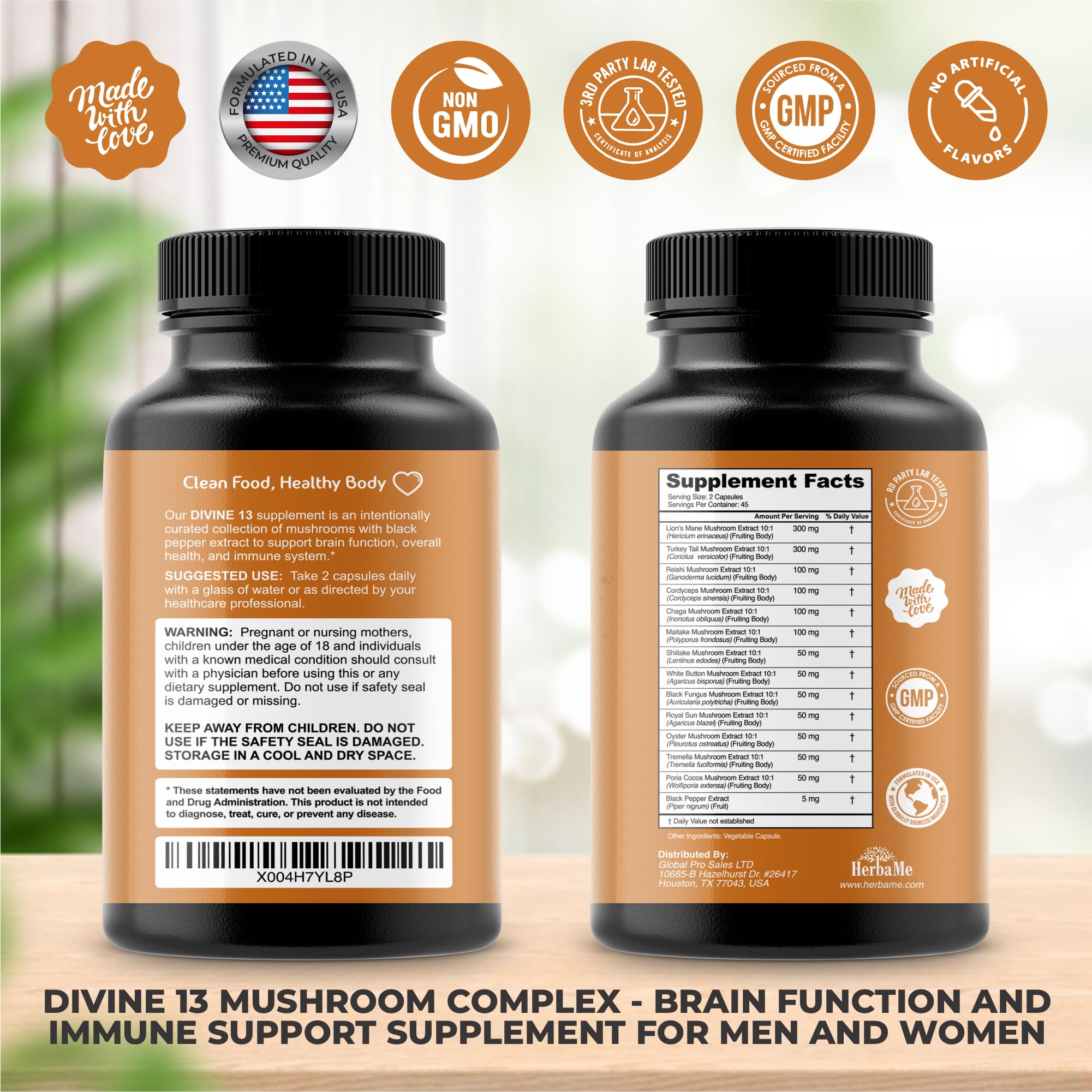 Mushroom Extract Complex with Black Pepper, Lion's Mane, Cordyceps, Turkey Tail, Chaga, Shiitake, Maitake, Nootropic Brain Supplements for Memory and Focus, Immune System Support, 90 Capsules