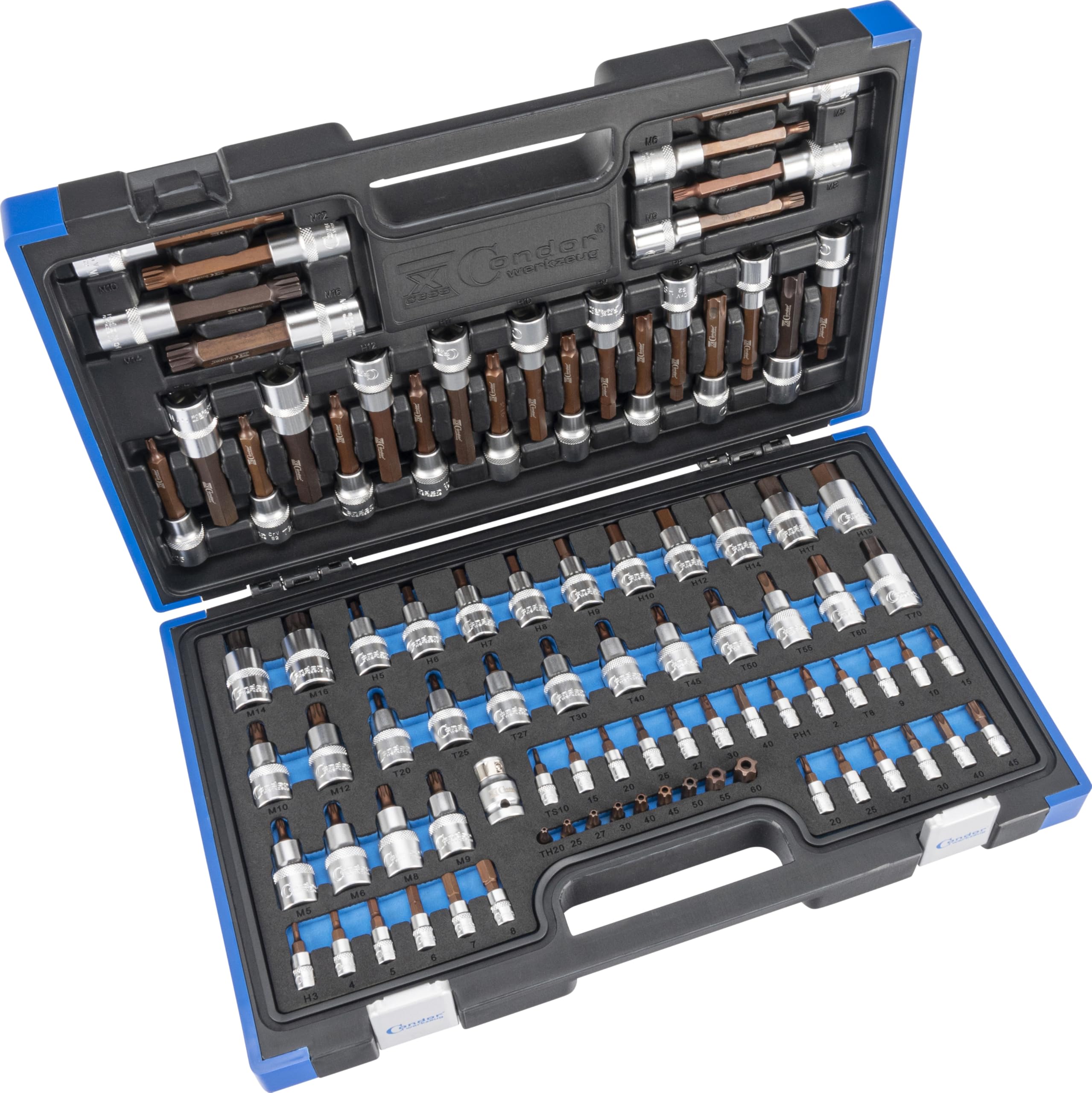 Condor Tool 37204 | bussole per punte | 89 pezzi | azionamento 1/4" + 1/2" | con valigetta | esagono incassato | profilo a T SLB per Torx | dente multidente | 5 stelle SLB | croce PH | xcess