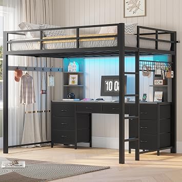 ADORNEVE Full Size Loft Bed with Desk and 8 Storage Drawers for Teens,Grey