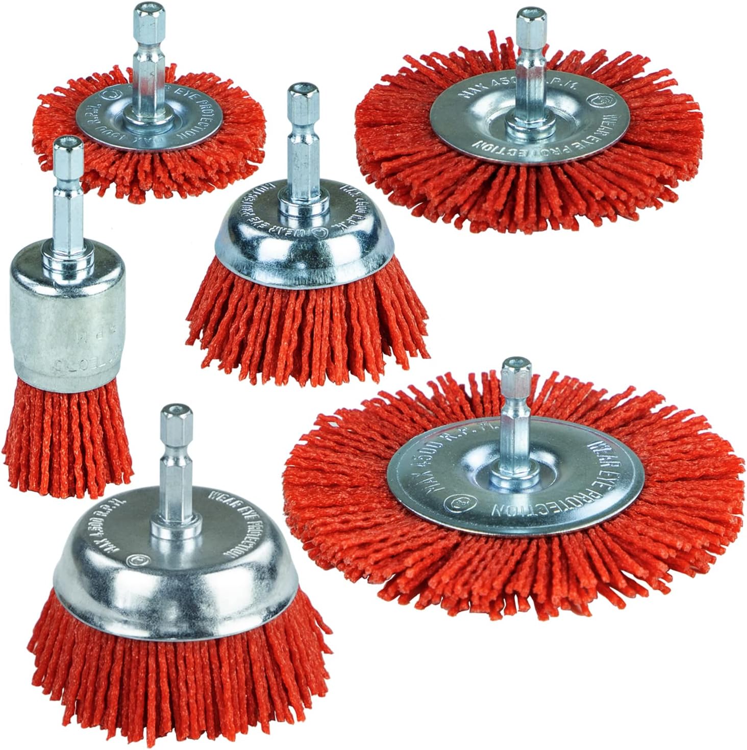 SALI 6 Pack Nylon Filament Abrasive Wire Brush Wheel & Cup Brush Set with 1/4 Inch Hex Shank, 6 Sizes Nylon Drill Brush Set for Removal of Rust Corrosion PaintO06GSS006