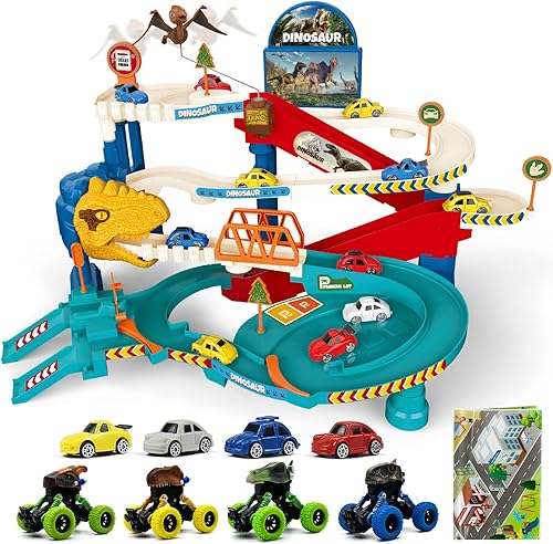 Pista de carreras para niños, juego de pista de dinosaurios, juguete educativo, rampa, regalos preescolares para niños de 3, 4, 5 años, con 4 mini