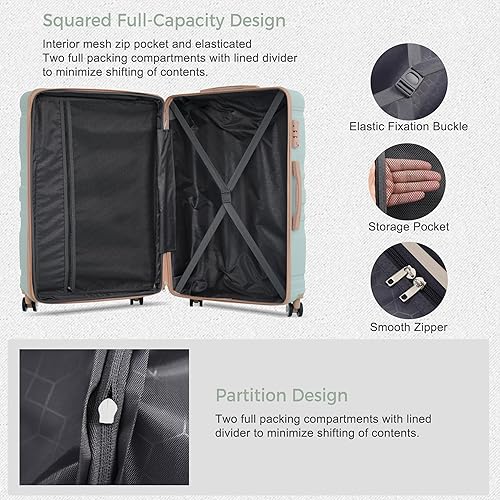 Miniatura 4 de Merax Juego de equipaje de 3 piezas, maleta rígida con ruedas giratorias, bloqueo TSA ligero, Gris claro y verde., Equipaje Sets Maleta de 3 piezas,