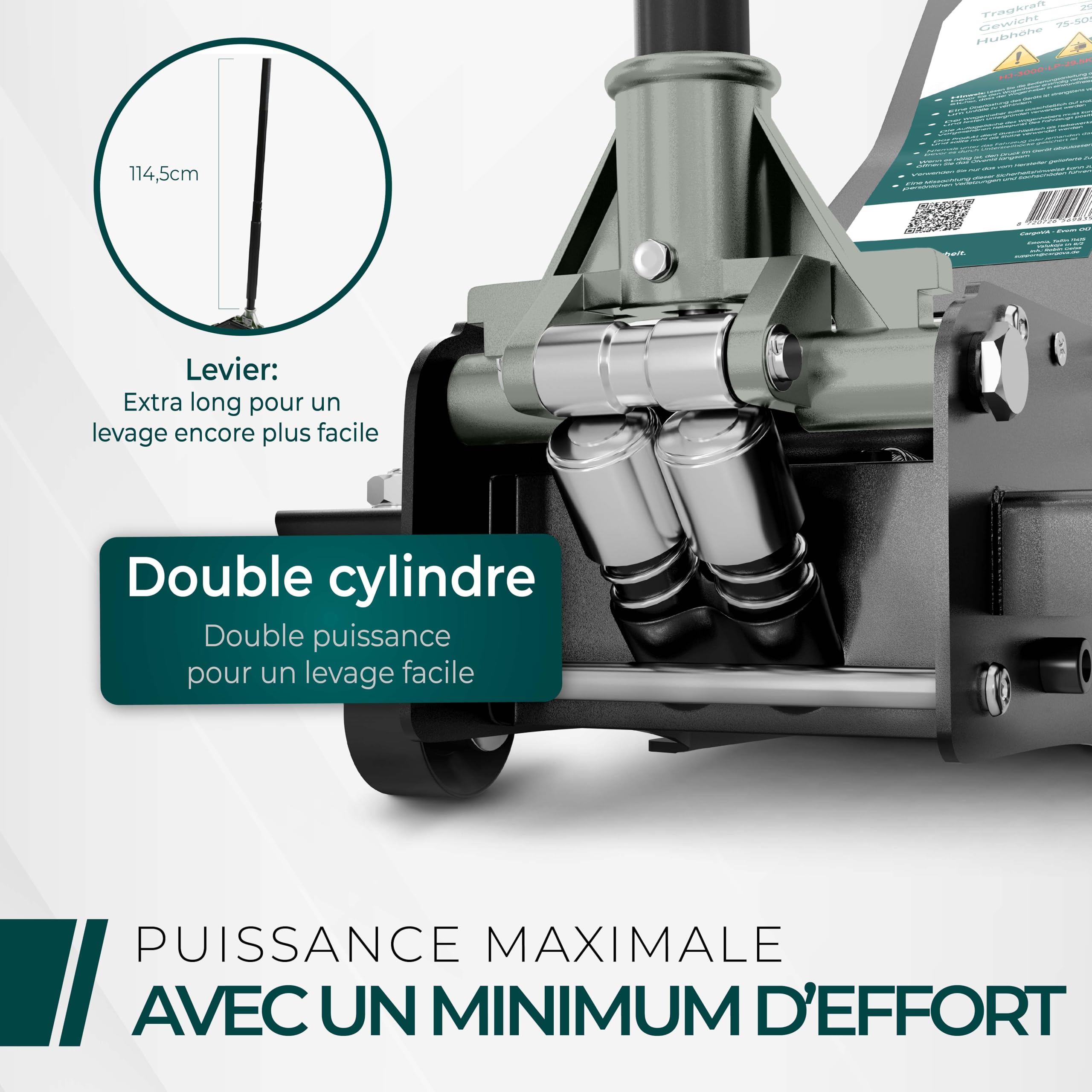 CargoVA Cric hydraulique 3T - Cric Plat avec Hauteur de Levage de 75 à 505 mm - Kit d'outils Professionnel avec Tapis de Genoux et 2 Patins en Caoutchouc - Idéal pour Les SUV et Les Voitures