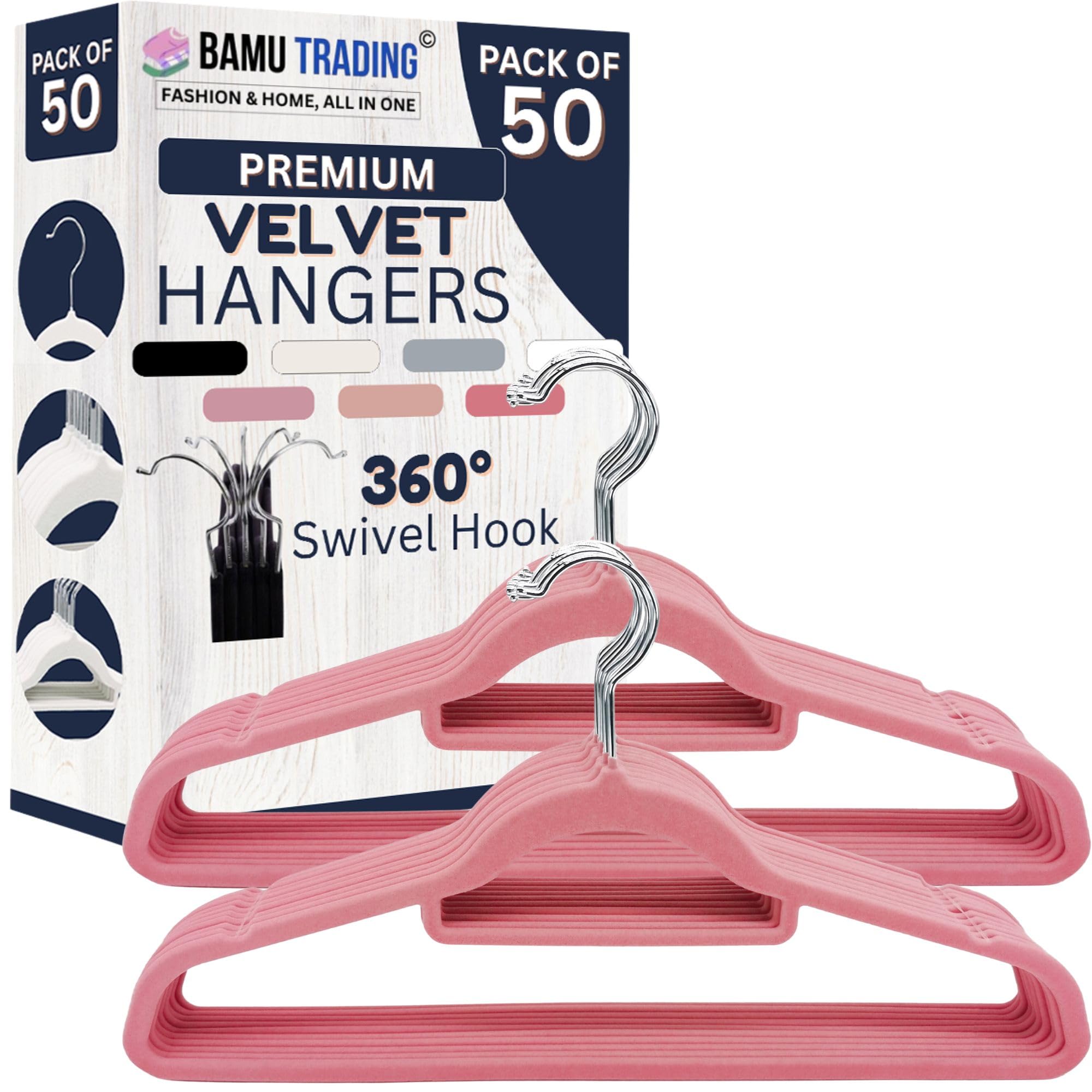 Bamu Pack of 20 or 50 Velvet Hangers-Non Slip CLothes Hangers with Tie Bar and 360ยฐ Swivel Hook, Durable and Sturdy Wardrobe Organisers Coat Hangers (50, Pink)