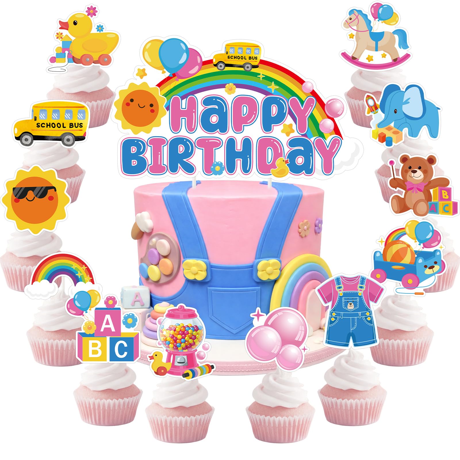 Rachell Teacher Birthday Decorations - 49 Pcs Cartoon English Teachers Cupcake Topper Party Supplies Rachel Girl Rainbow ABC Bus Cake Decor for Cartoon Teacher Fans Birthday Baby Shower Decor