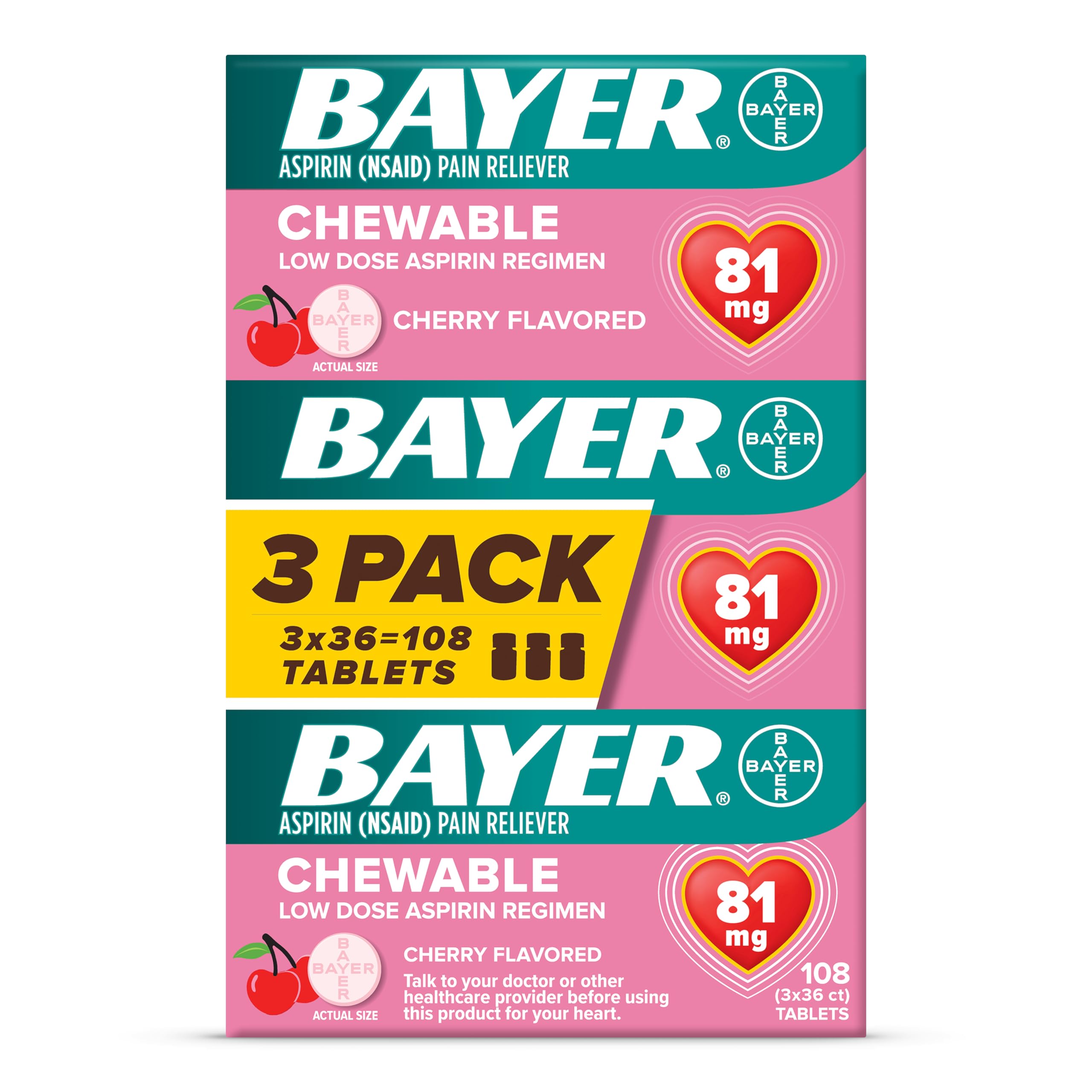 Aspirin Low Dose 81 mg Chewable Tablets, Pain Reliever, Cherry Flavored, 216 Tablets (6 Pack)