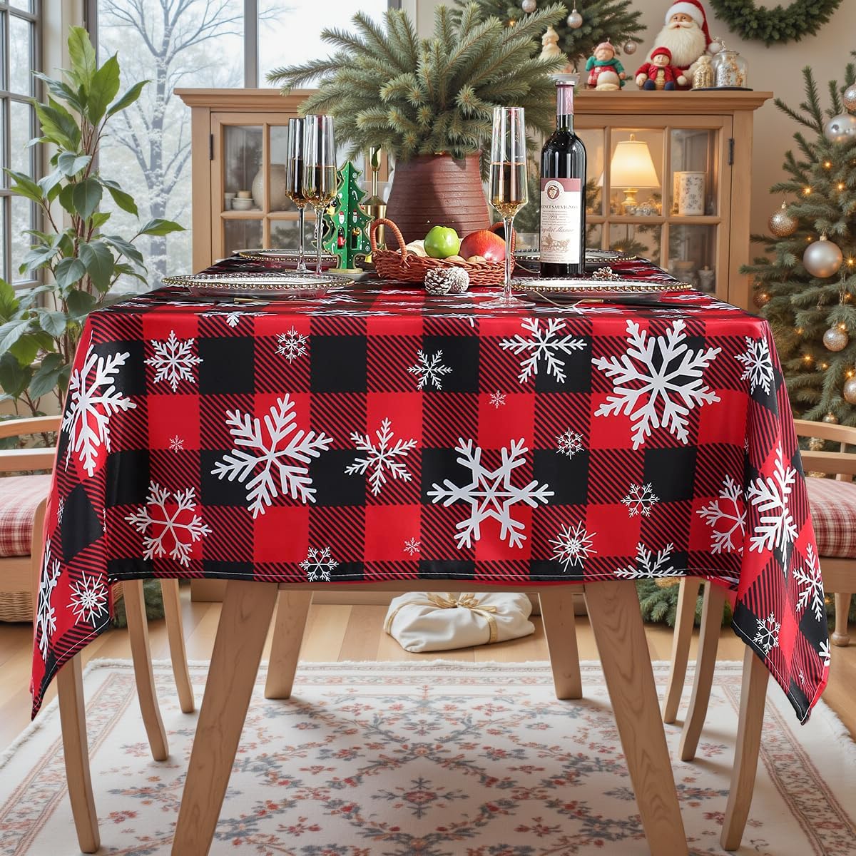 Mantel de Navidad rectangular, mantel a cuadros con decoraciones de copo de nieve, pesado y a prueba de derrames, para comedor, fiestas y vacaciones (patrones de nieve, rectangular, 60 x 84 pulgadas
