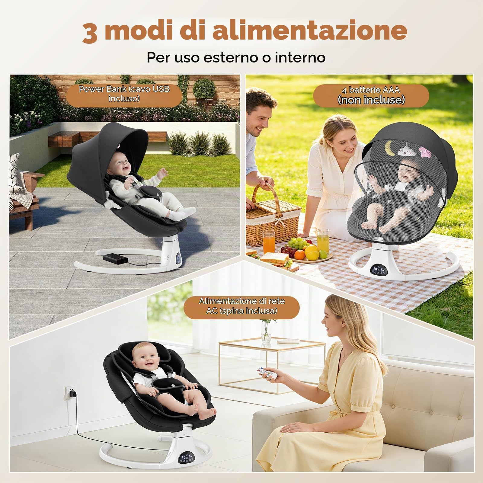 Sdraietta Neonati Elettrica, Dondolo Automatico con Schienale 3 Posizioni | 5 velocità, 12 melodie rilassanti, timer 8/15/30 min, telecomando, cuscino rimovibile, 3 alimentazioni