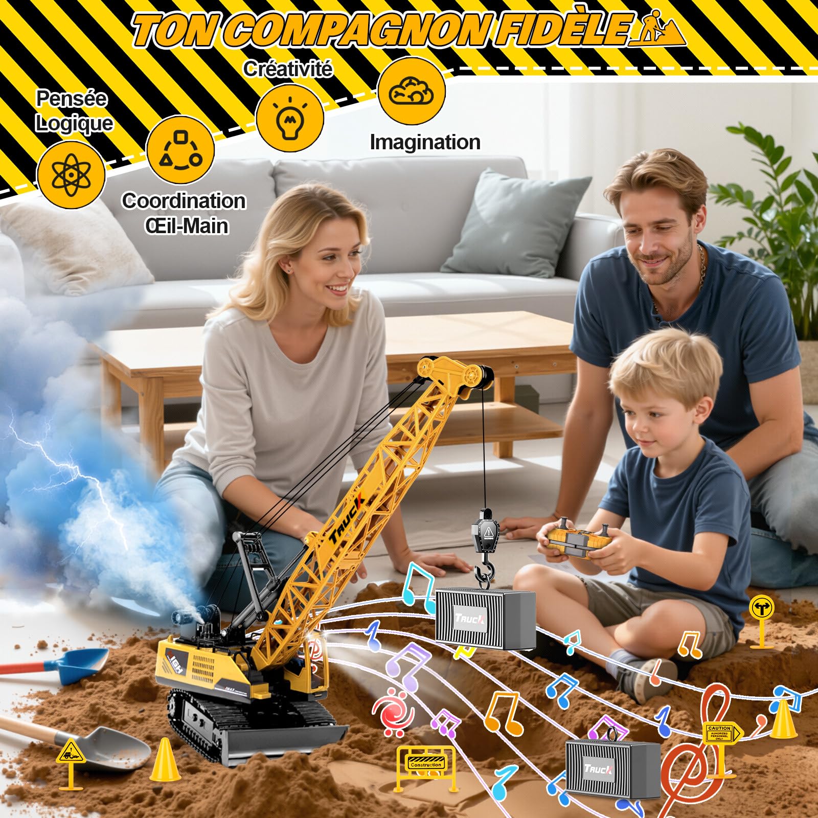 1:16 Grue télécommandée, 13 Canaux Jouet Grue Télécommandée avec Lumières Pulvérisé Sons Réalistes, Grand Engins de Construction Grues Cadeaux pour Enfants 6+ Ans (Jaune)