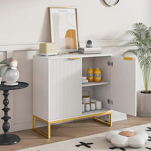 Miniatura 6 de Armario de buffet moderno con almacenamiento, aparador estriado grande con estantes ajustables, Credenza, mesa consola de gabinete (2 puertas,