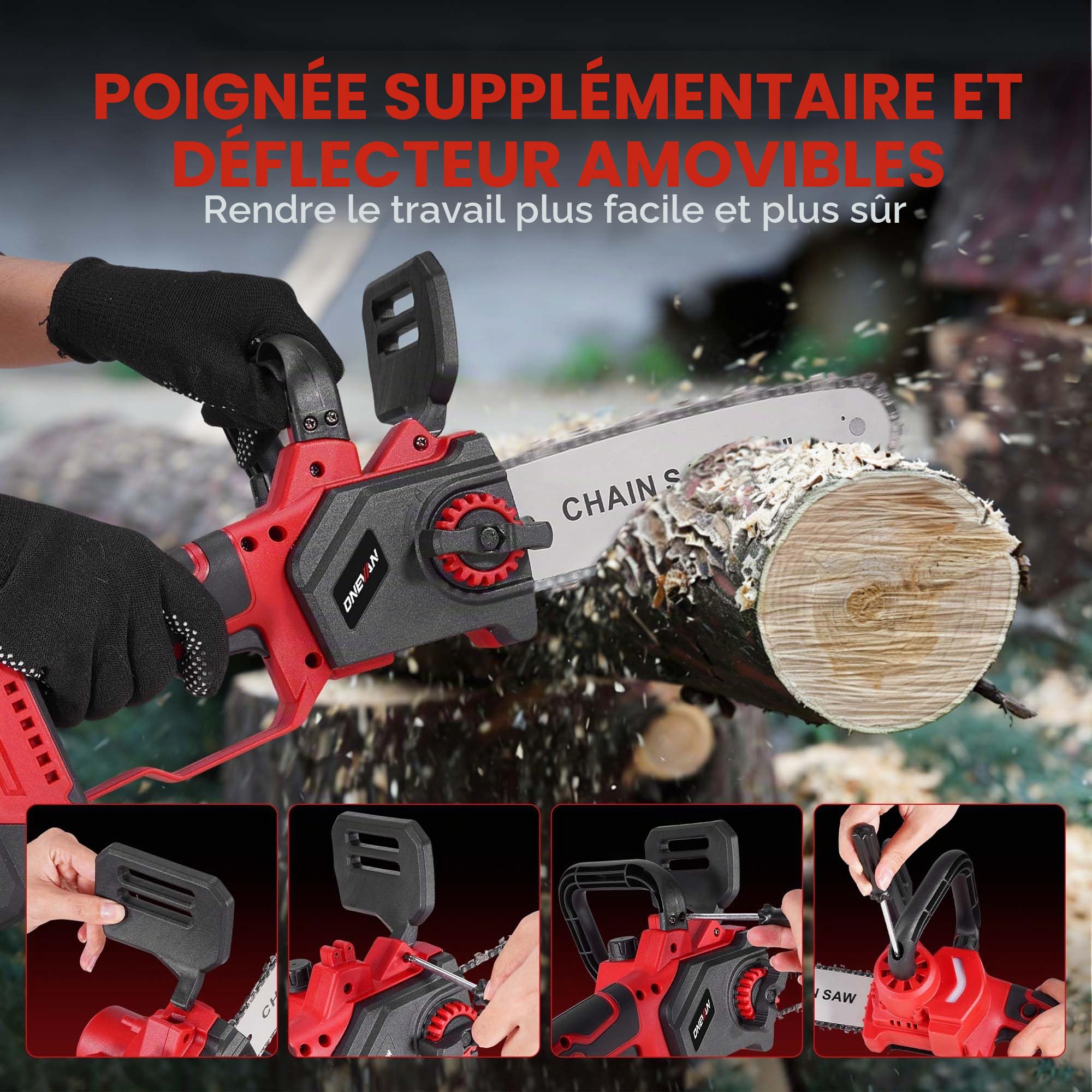 ONEVAN Tronçonneuse sans fil, 8 et 10 pouces, graissage automatique | Con 2x 3.0Ah batteries, diamètre de coupe 20cm, brushless vitesse de coupe de 10m/s, remplacement du guide-chaîne sans outil