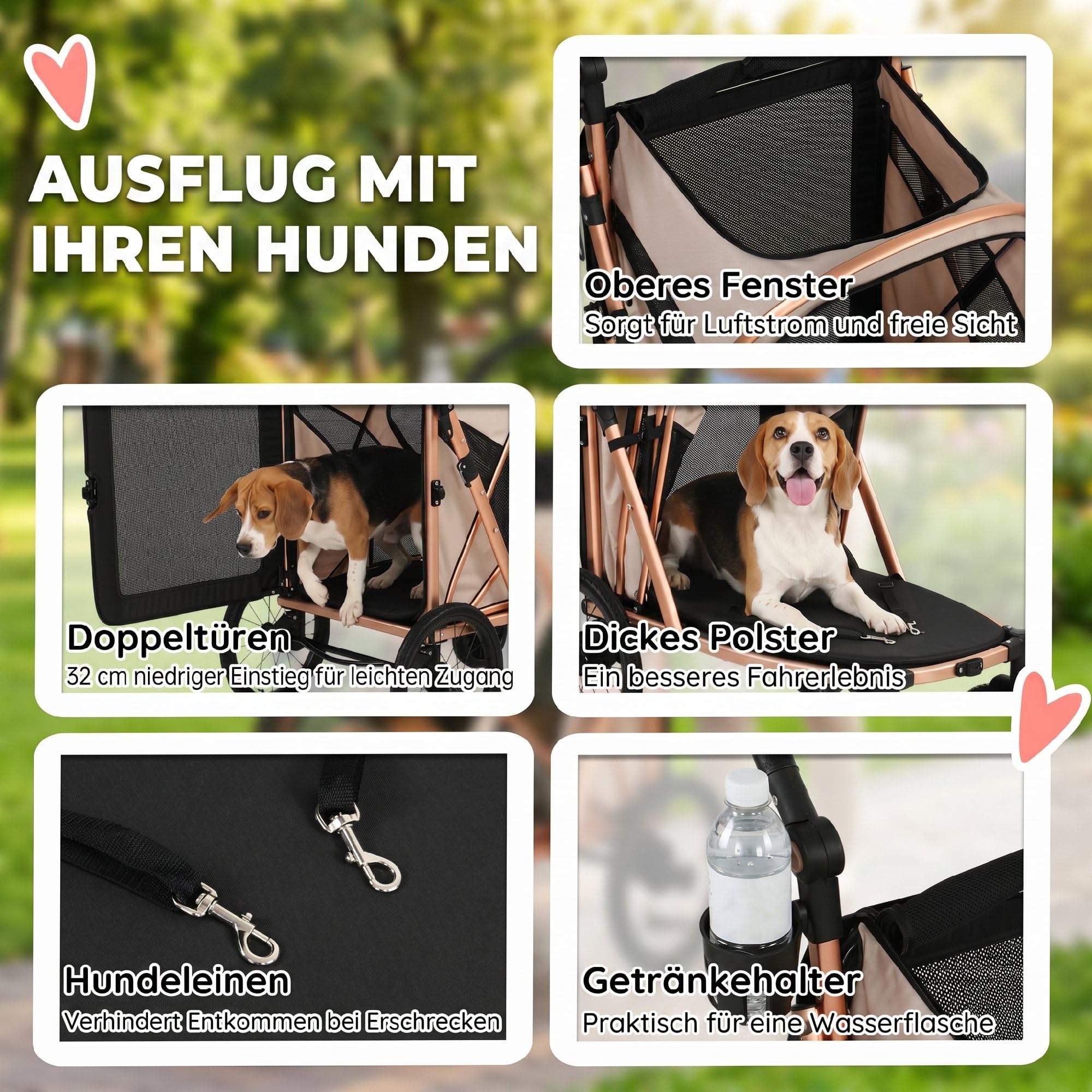 PawHut Hundewagen Faltbar Hundebuggy für mittelgroße Hunde bis 20 kg Hundetrolley mit Doppeltüren Netzfenster Kissen Verstellbarer Griff Katzenwagen mit Sicherheitsleinen Doppelbremsen Hellbraun