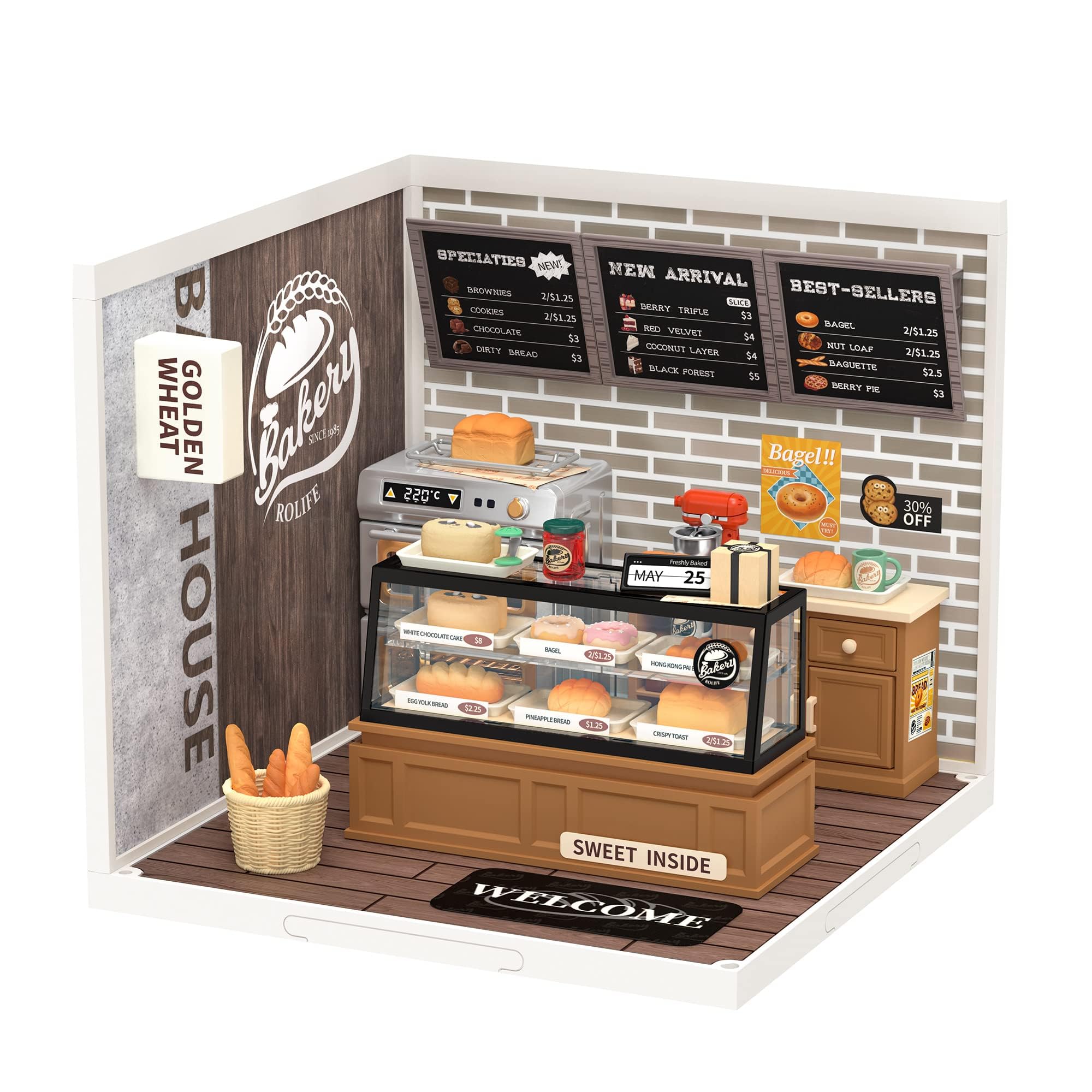 Rolife LED Building Blocks for Adults,1:24 Toy Building Sets,Model Building Kits,DIY Miniature Dollhouse Kits for Adults,Hobbies for Women Men (1.Golden Wheat Bakery)