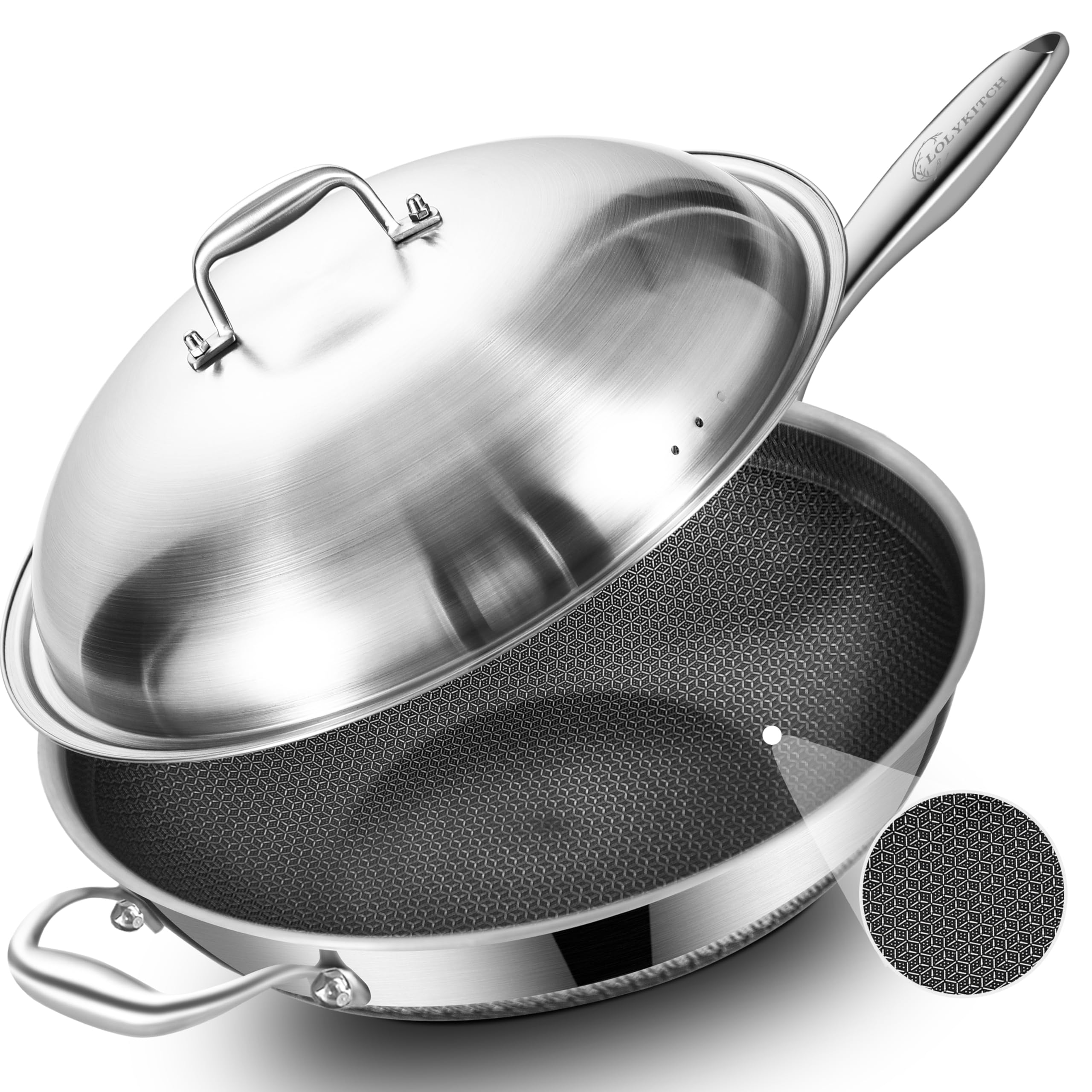 LOLYKITCH 14.5 Inch Tri-Ply Stainless Steel Wok
