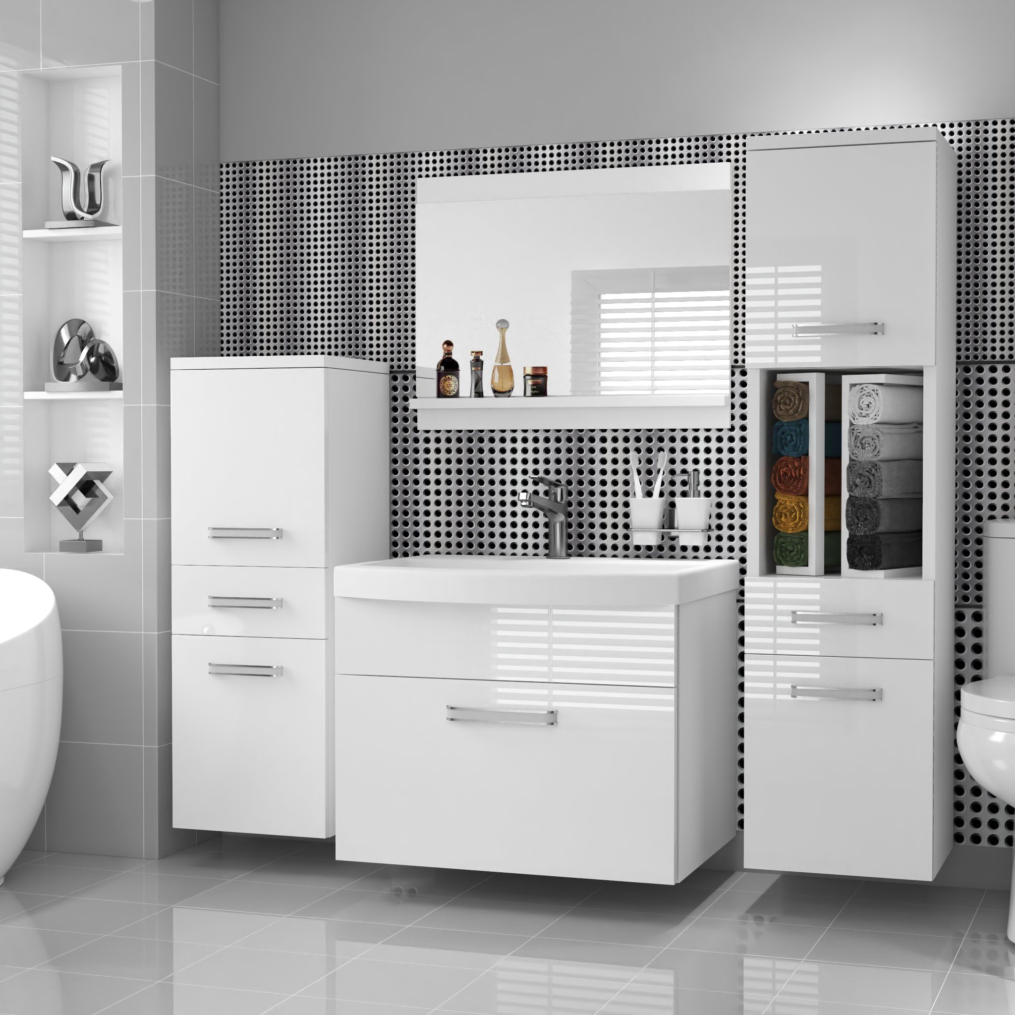 Belini PRIP5 Szafka łazienkowa pod umywalkę 120 cm biały błyszczący | Meble łazienkowe, błyszczące białe, montaż ścienny, mechanizm soft-close, panel drewniany FSC, umywalka i lustro w zestawie