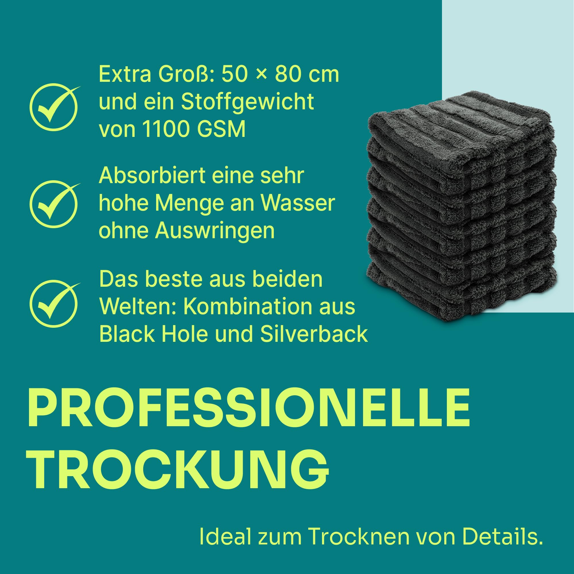 Liquid Elements Auto Trockentuch Silverback Fusion Hybrid - Saugfähiges Mikrofasertuch Auto - Effektive Autopflege - Fusselfrei - Lackschonend - 50 x 80 cm (5 Stück)