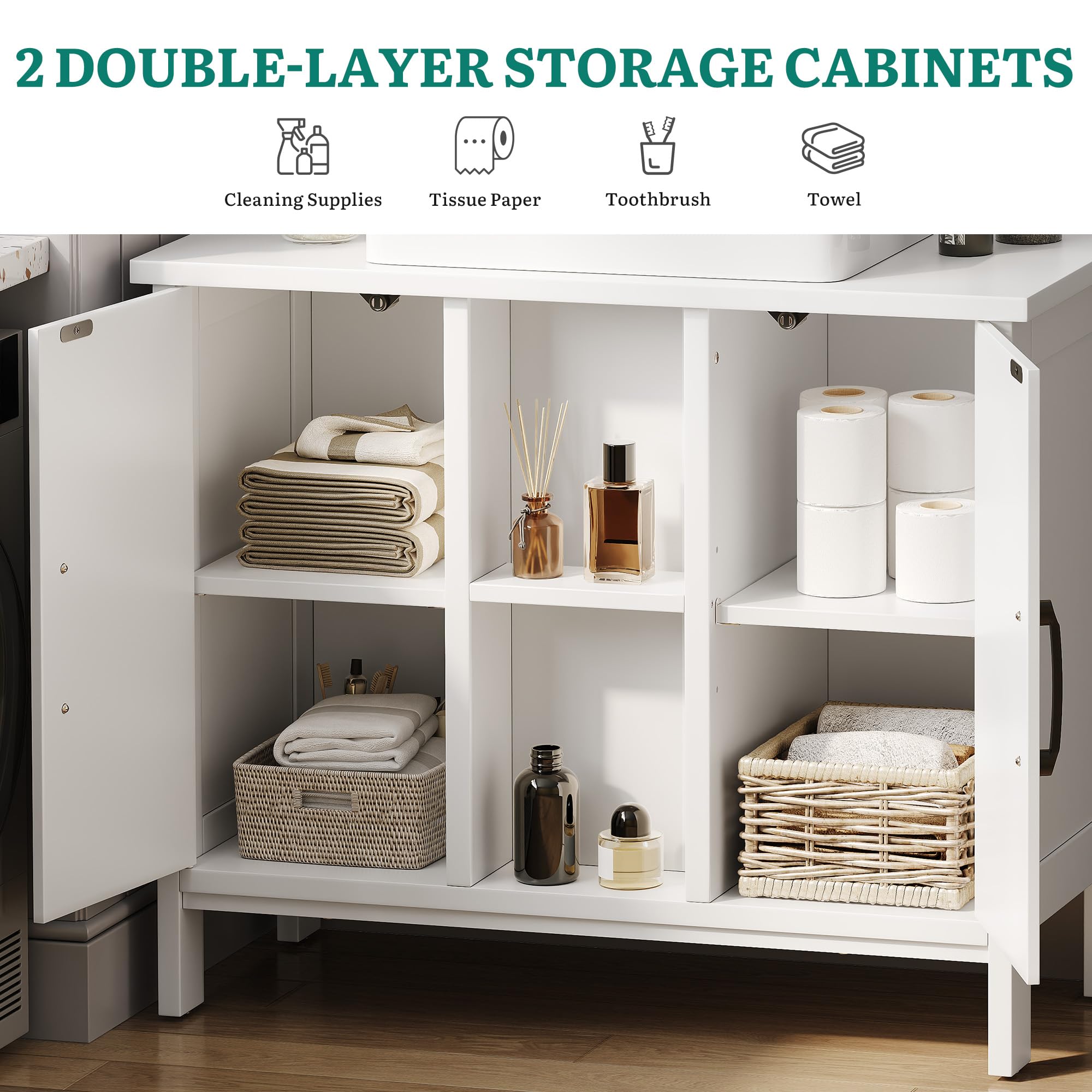 YITAHOME waschbeckenunterschrank mit Zwei geschlossene Schrankelemente, Bad unterschrank 70 cm breit, badezimmerschrank mit offenen Regalen, unterschrank waschbecken, Weiss