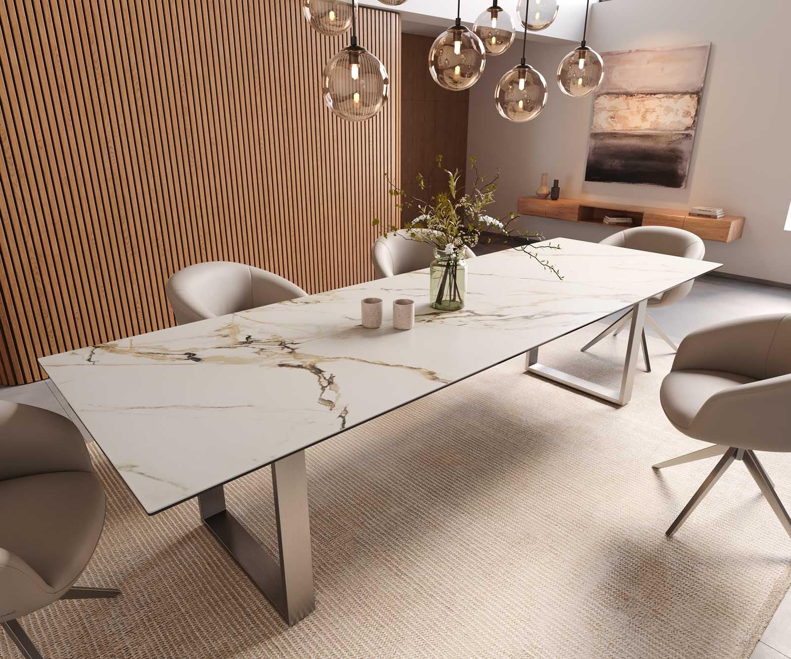 Table à manger Edge céramique Calacatta Luxe blanc-doré-gris 300x100 acier