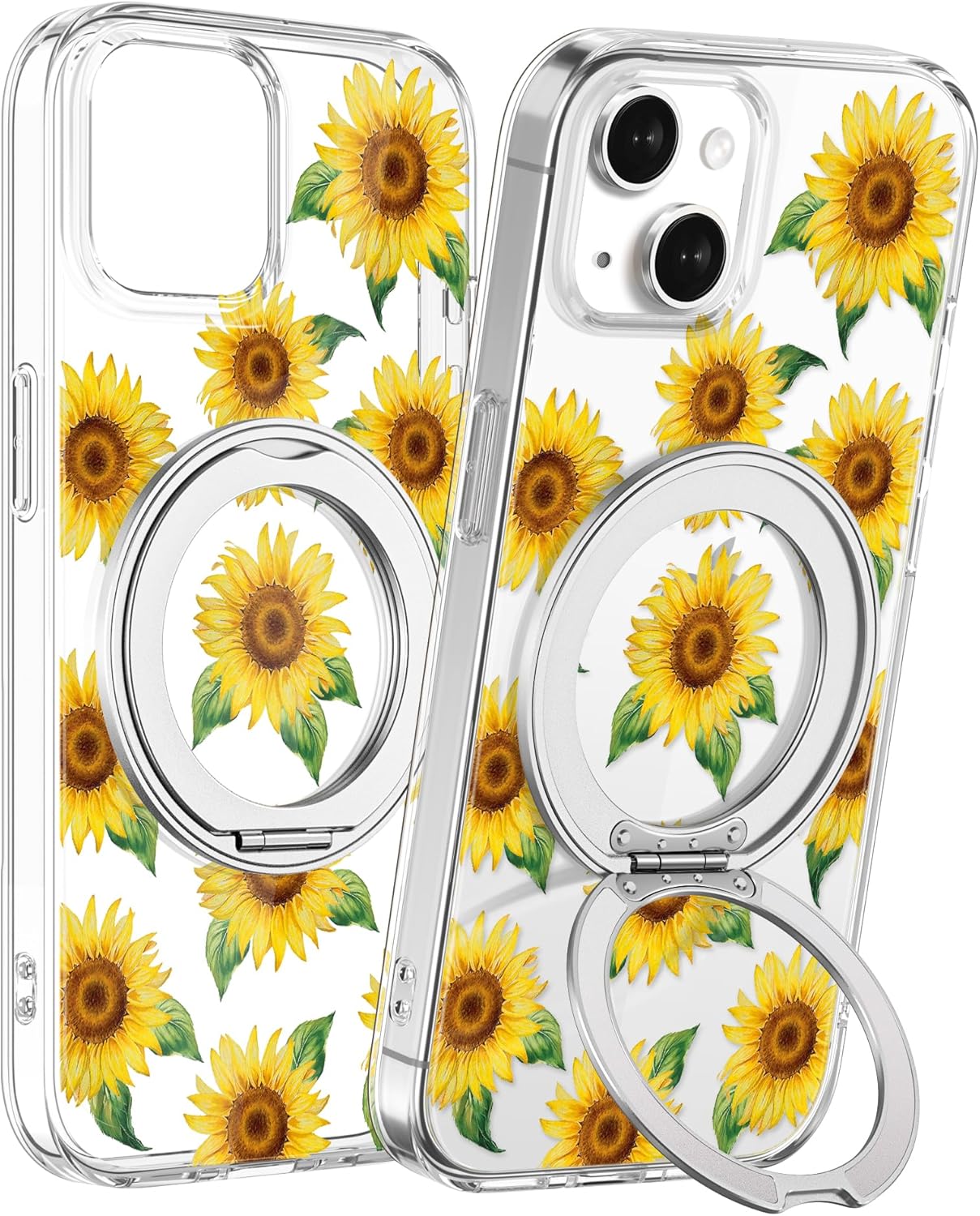 Loheckle for iPhone 15 Plus/14 Plus Case with Stand- Compatible with MagSafe Women Girls Cute Clear Aesthetic Unique Design Soft TPU Built-in Stand Phone Cover for Apple 15/14 Plus, Sunflower