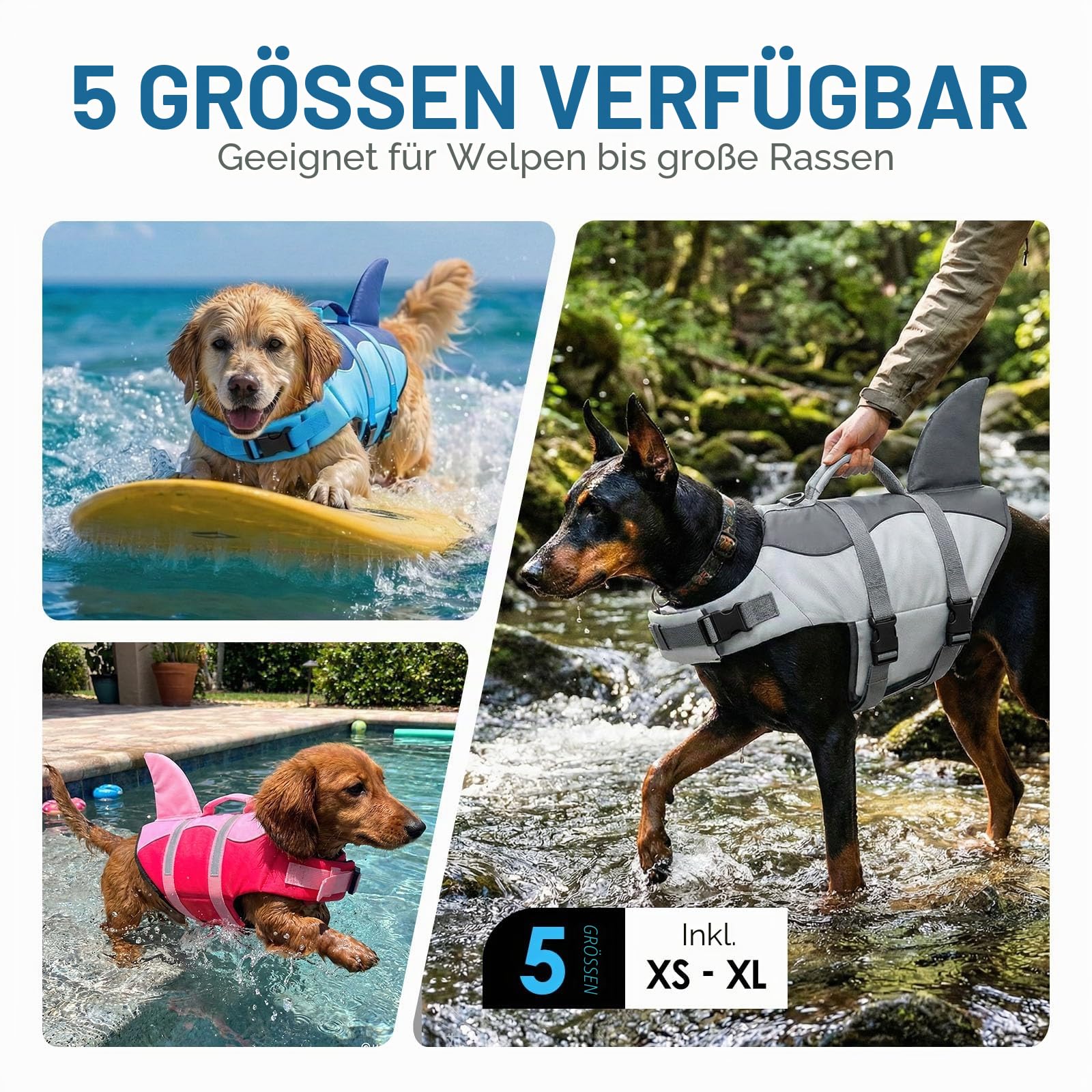 AOFITEE Schwimmweste Hund XS, Verstellbar Hundeschwimmweste Hai, Hoher Auftrieb Klein Hunde Schwimmweste mit Rettungsgriff und Reflektierend, Dackel Rettungsweste Hund für Wassersport, Grau, XS
