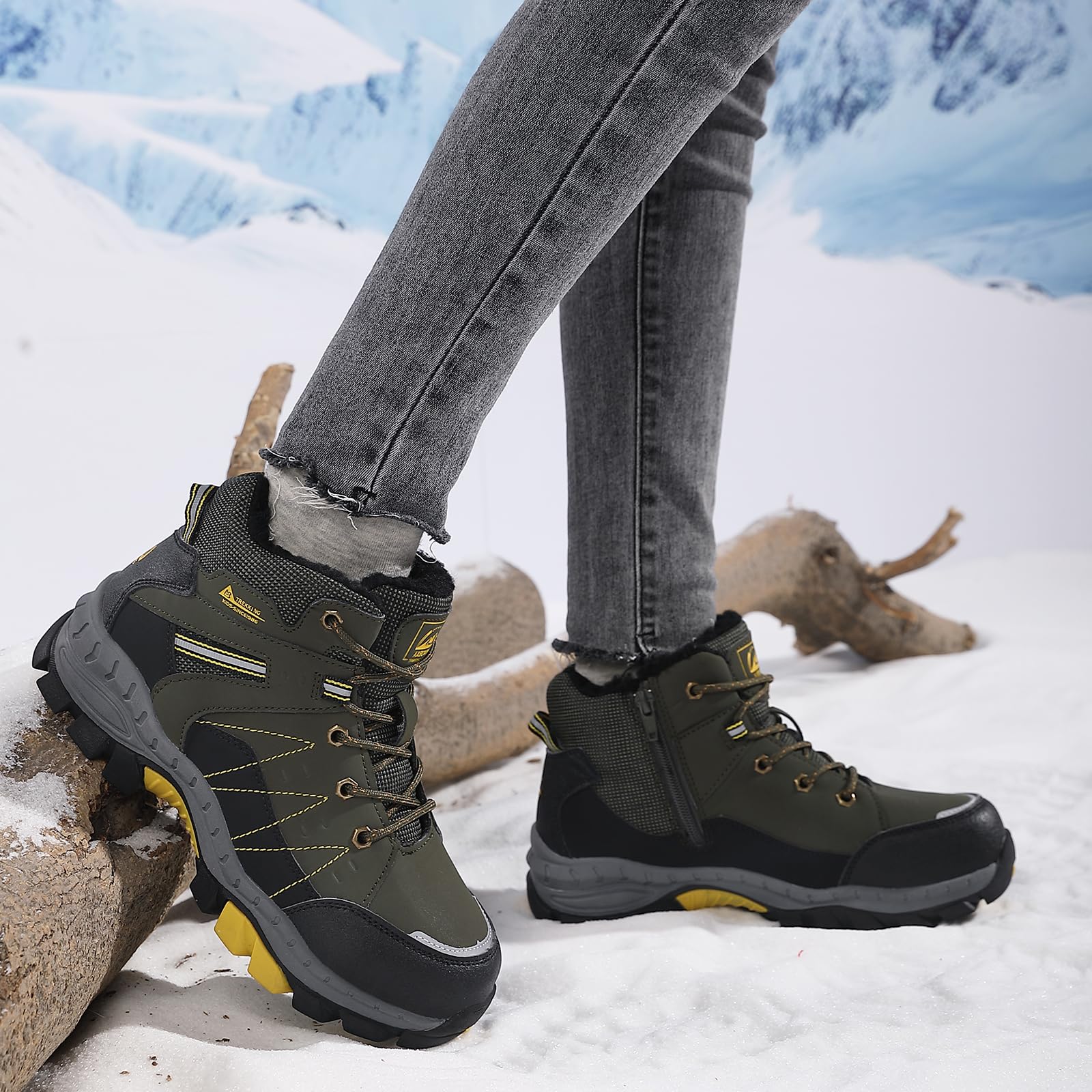 ASTERO Botas de Invierno para Niño 31-38 con Hebilla de Acero, Algodón, Zapatillas Trekking Senderismo, Botas de Nieve y Montaña Verde 32