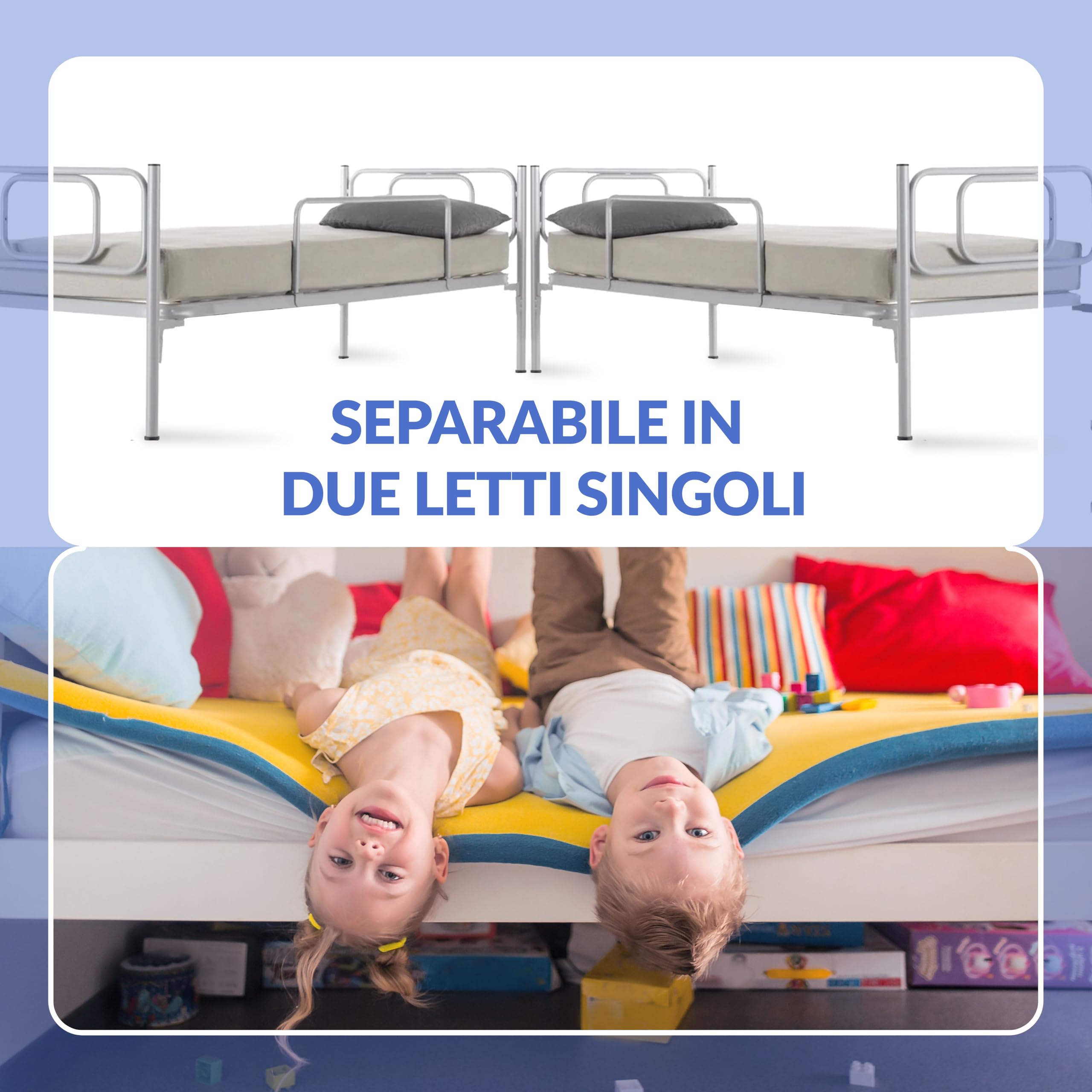 NUVOLA Sirio - Letto a Castello per Bambini e Adulti con Scaletta e Sponda Laterale di Protezione, Include Rete a Doghe Singola 80x190 - Scomponibile in 2 Letti Singoli, Altezza 146 cm, Made in Italy
