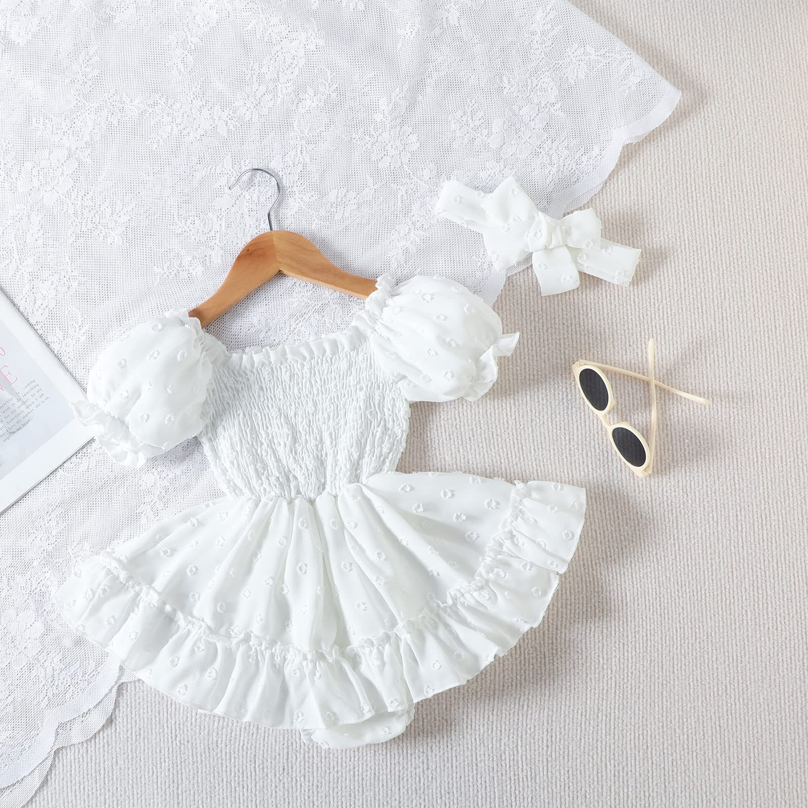 Newborn Baby Girl Bubble Romper Dress Jumpsuit Headband Infant Summer Clothes Easter Toddler First 1st Birthday Outfit Smash Cake Photoshoot Beach Holiday Lace Boho Sunsuit White 3-6 Months