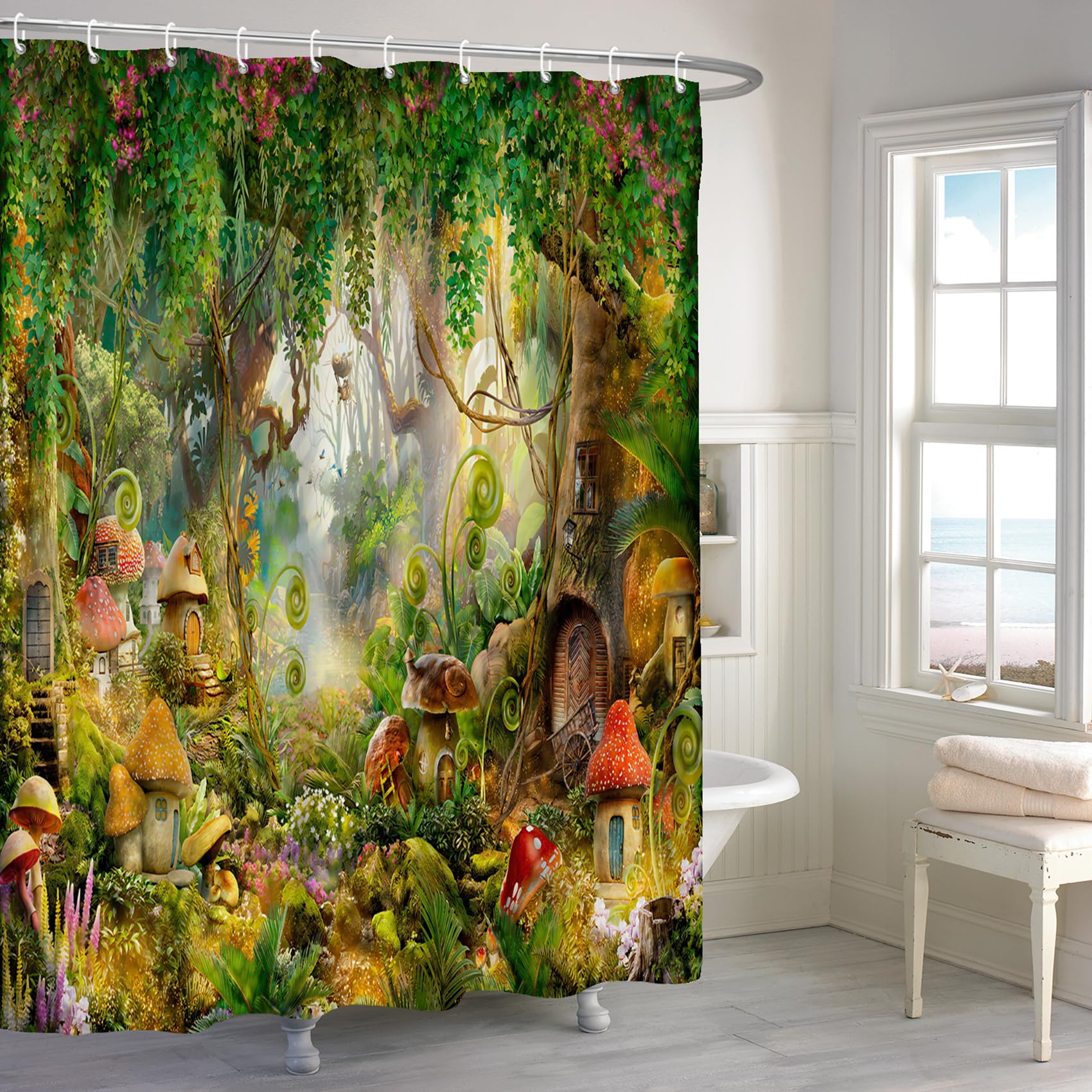 Renaiss 60x72 Inches Enchanted Forest Shower Curtain for Bathroom Fairy Tales Fantasy Mushroom Wonderland Jungle Fabric Shower Curtains Bath Curtain