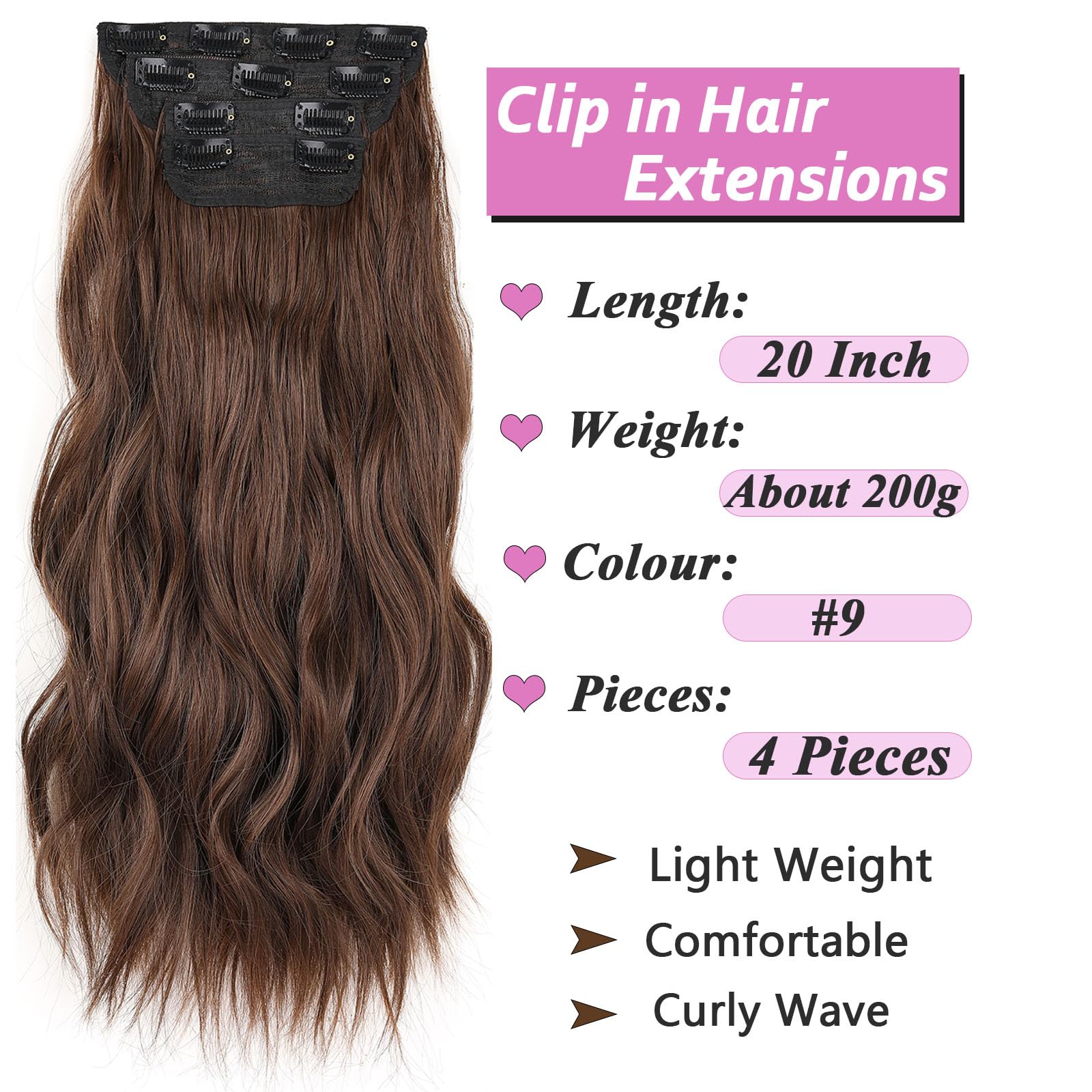 Samtress 20 Inch Clip in Hair Extensions 4 PCS Brown Synthetic Hair Extensions Thick Hairpieces Long Wavy Hair Extensions Clip in for Women (#9) - Image 2