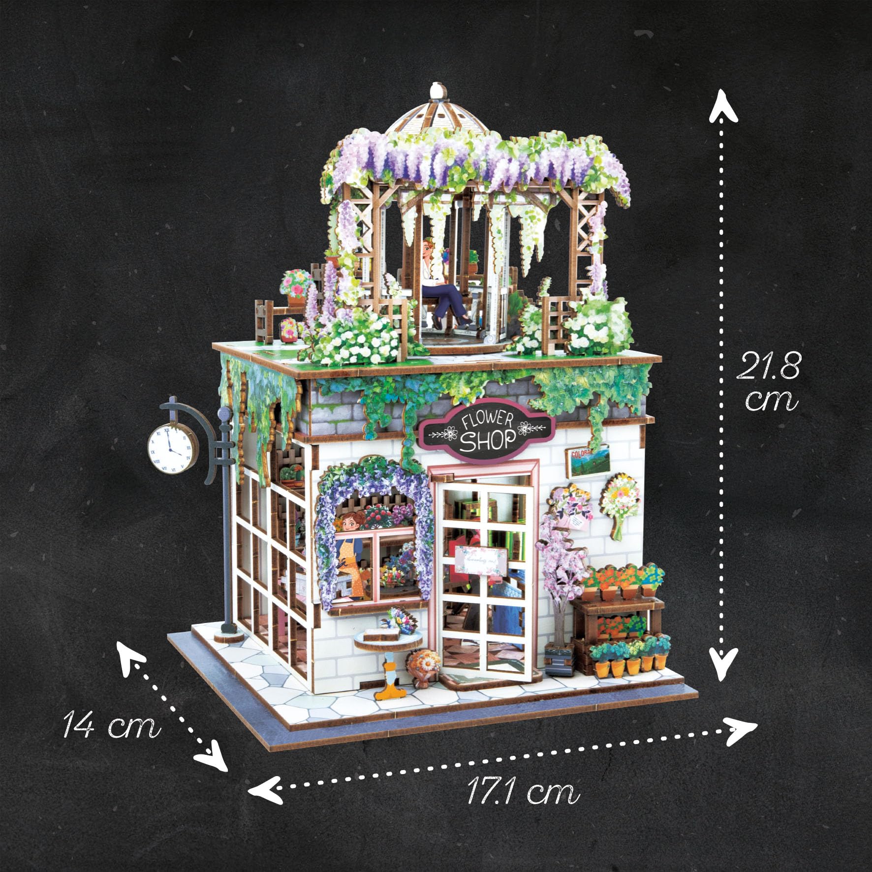 Diorama Fiorista - Modellino fioraio in miniatura in legno con LED - Diorama DIY 243 pezzi - Kit costruzione negozio di fiori - dai 10 anni - 14 x 17,1 x 21,8 cm - 68075 - BUKI France
