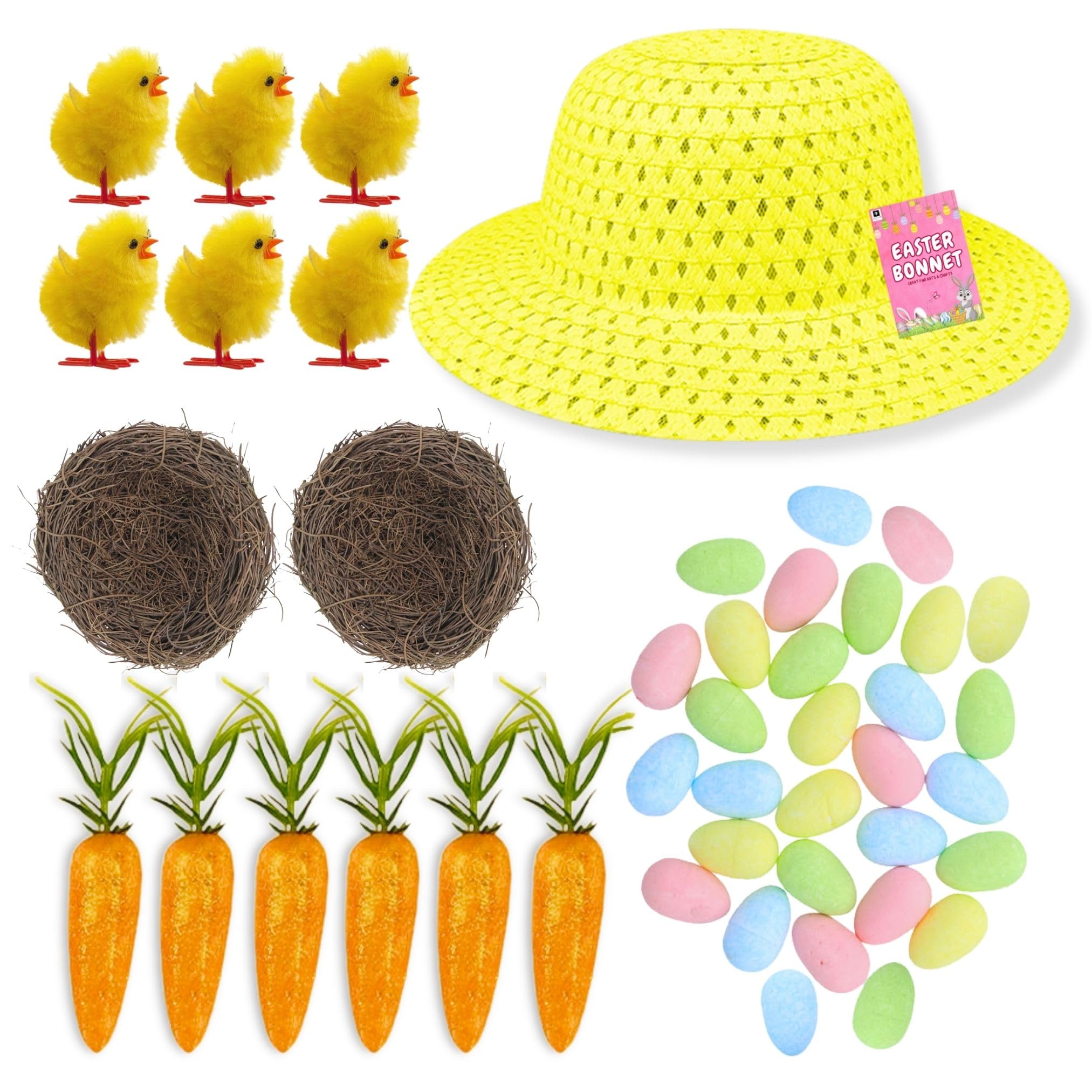 Akh Yellow Kids Easter Bonnet Kit | Easter Bonnet Set Make Your Own Easter Bonnet Hat | Easter Eggs Chicks Carrots Craft Nests With Bonnet Hat | 46Pcs | Easter Bonnet Decoration Craft Supplies |