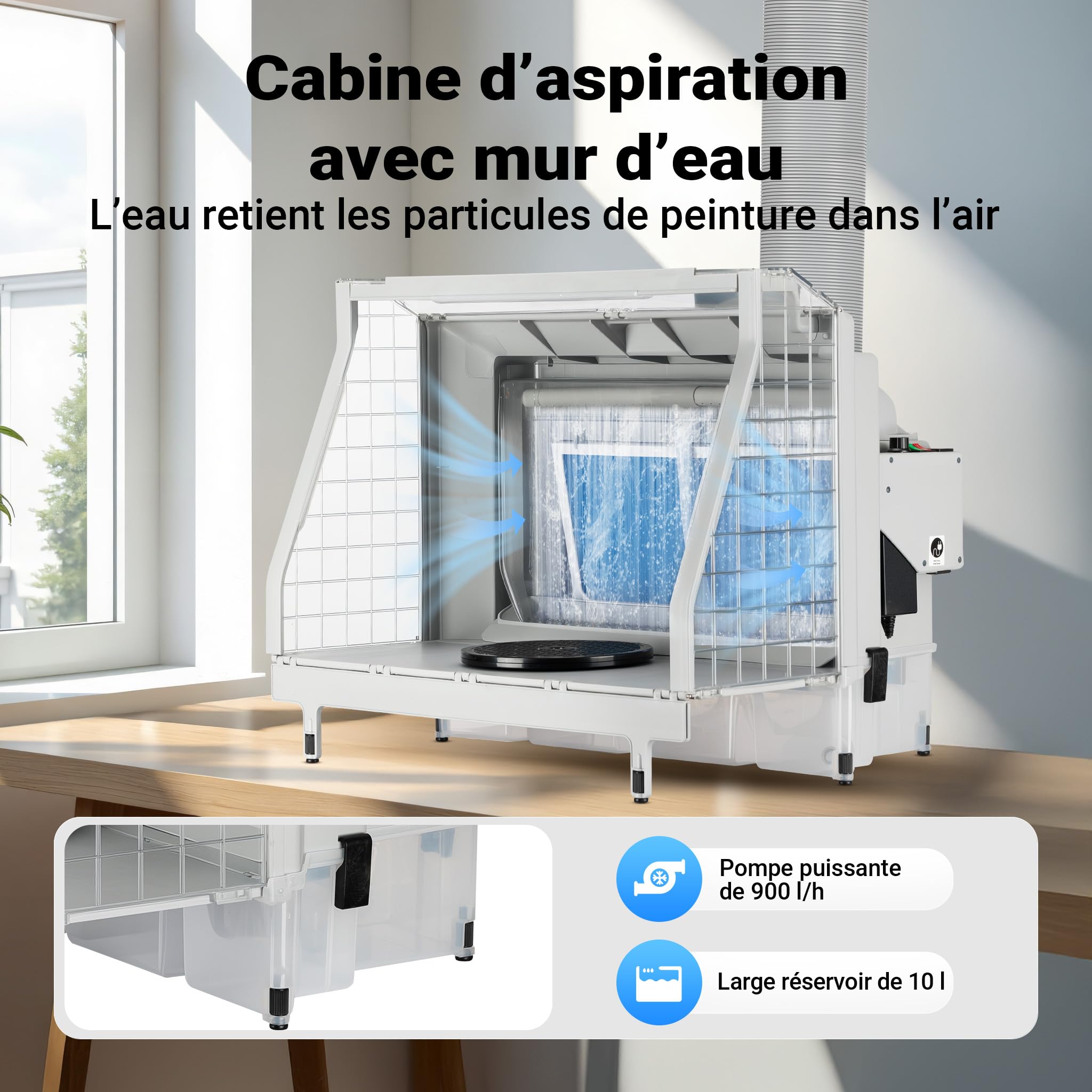 XPOtool Cabine d’Aspiration pour aérographie Airbrush 230 V – 52 DB – 11 m³/MN – avec Paroi d’Eau et Éclairage réglable – Extraction Vapeur Brouillard Peinture – Tatouage modélisme manucure Nail Art