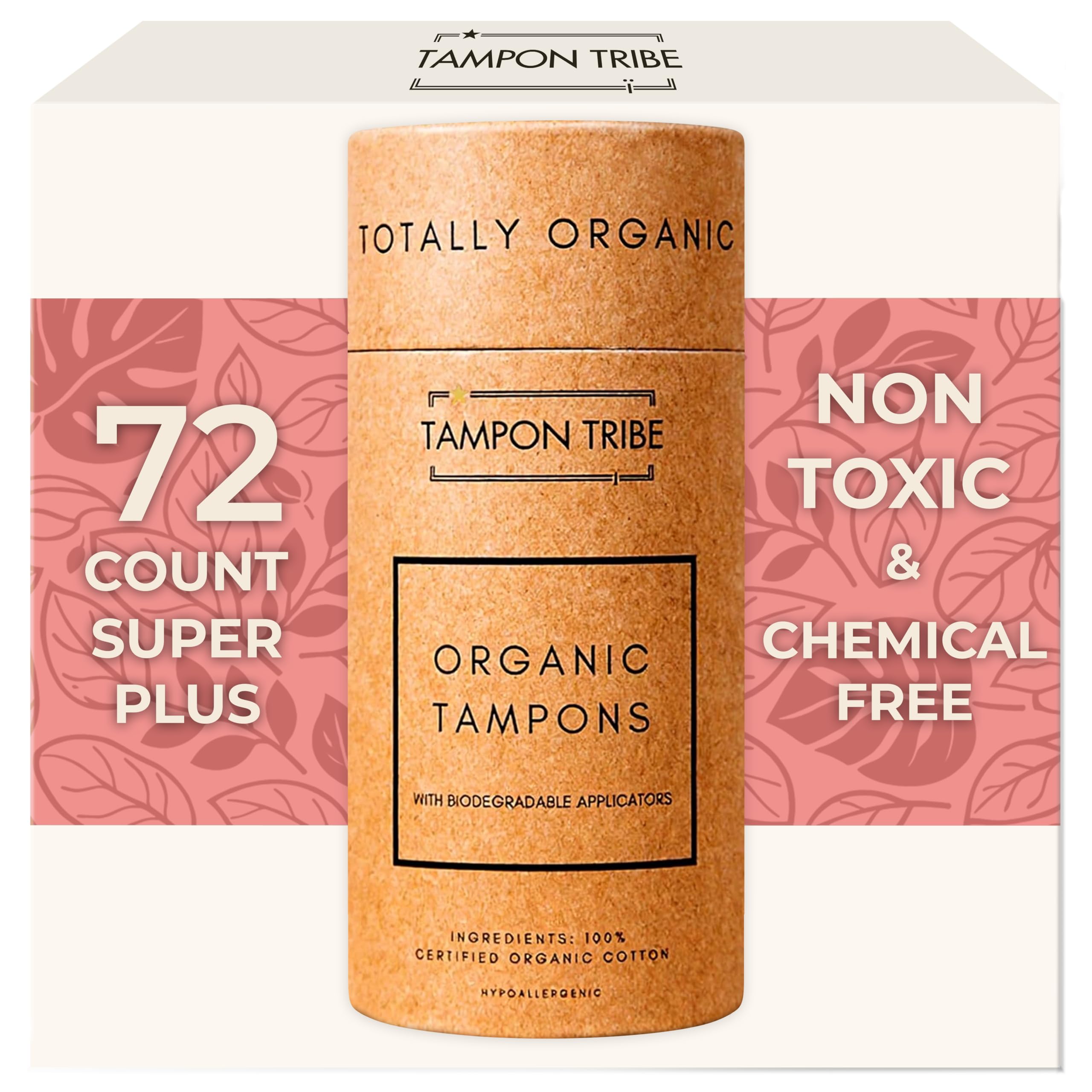 Tampon Tribe Super Plus Organic Tampons for Women | 72 Non-Toxic Tampons | Natural 100% Organic Cotton, Hypoallergenic, Metal and Chemical Free with Biodegradable Applicator | (72 Count - Super +)