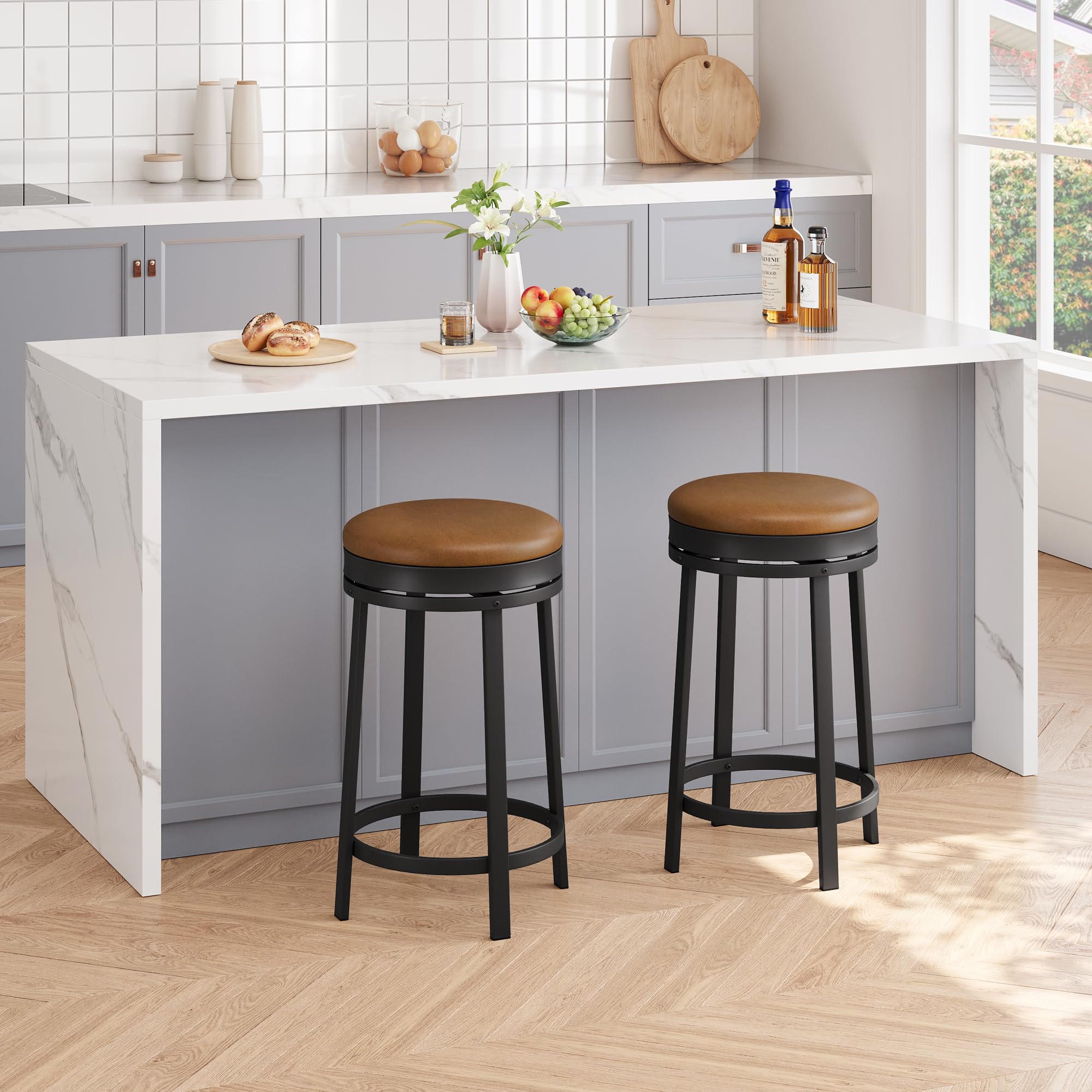 idealhouse 24'' swivel bar stools set of 2 with footrest, modern counter height barstools with pu leather upholstered and metal frame, backless round bar stools for kitchen island, brown