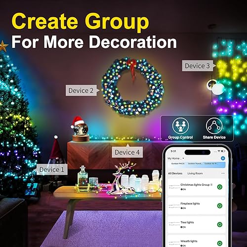 Miniatura 7 de Quanquer Luces de Navidad inteligentes para exteriores, 196 pies, 600 LED RGB, luces de cadena controladas por aplicación WiFi, luces de árbol de