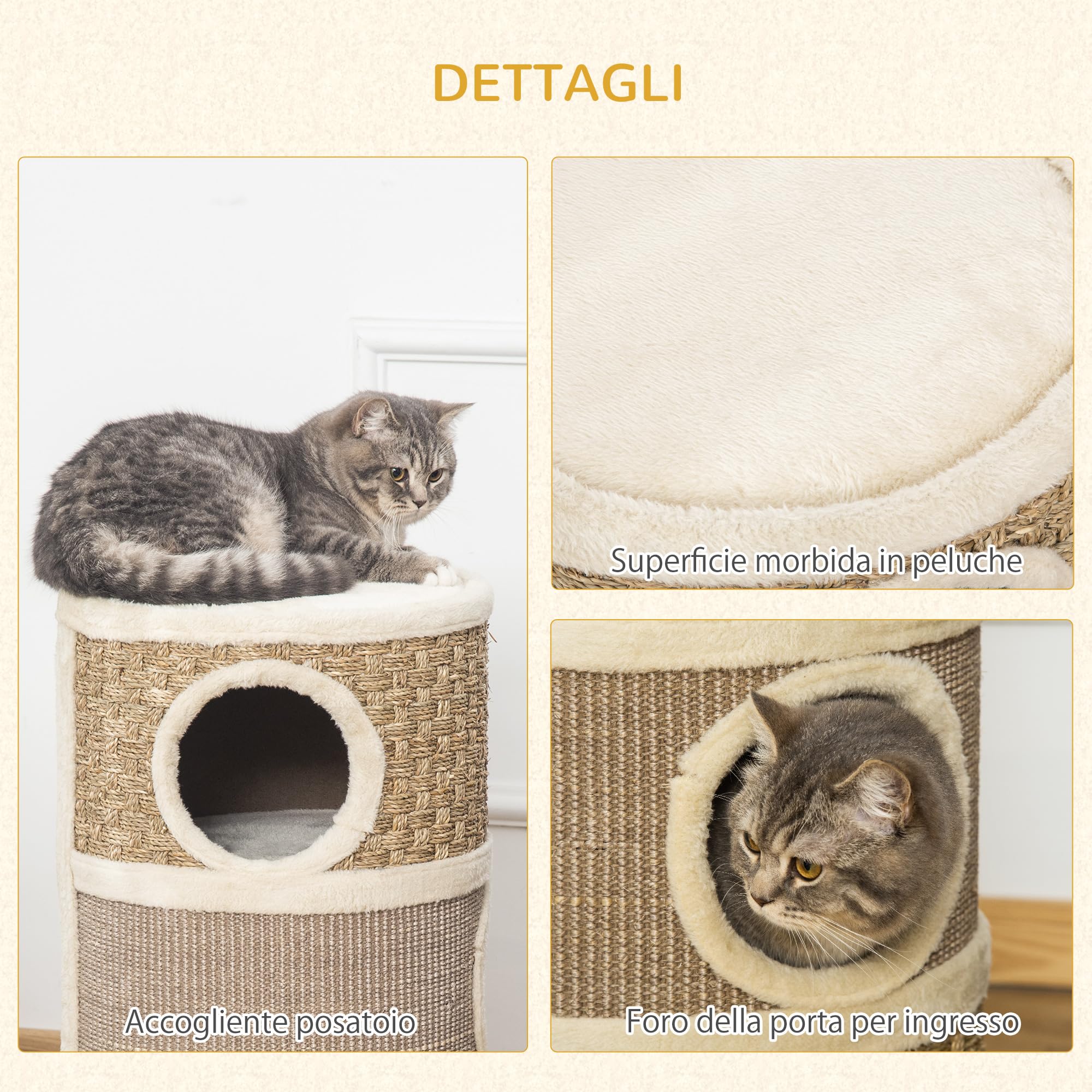 PawHut Casetta Cuccia per Gatti Tiragraffi a Torre con 3 Nicchie, Corda in Sisal e Alga Marina, Bordo Peluche, Khaki e Marrone