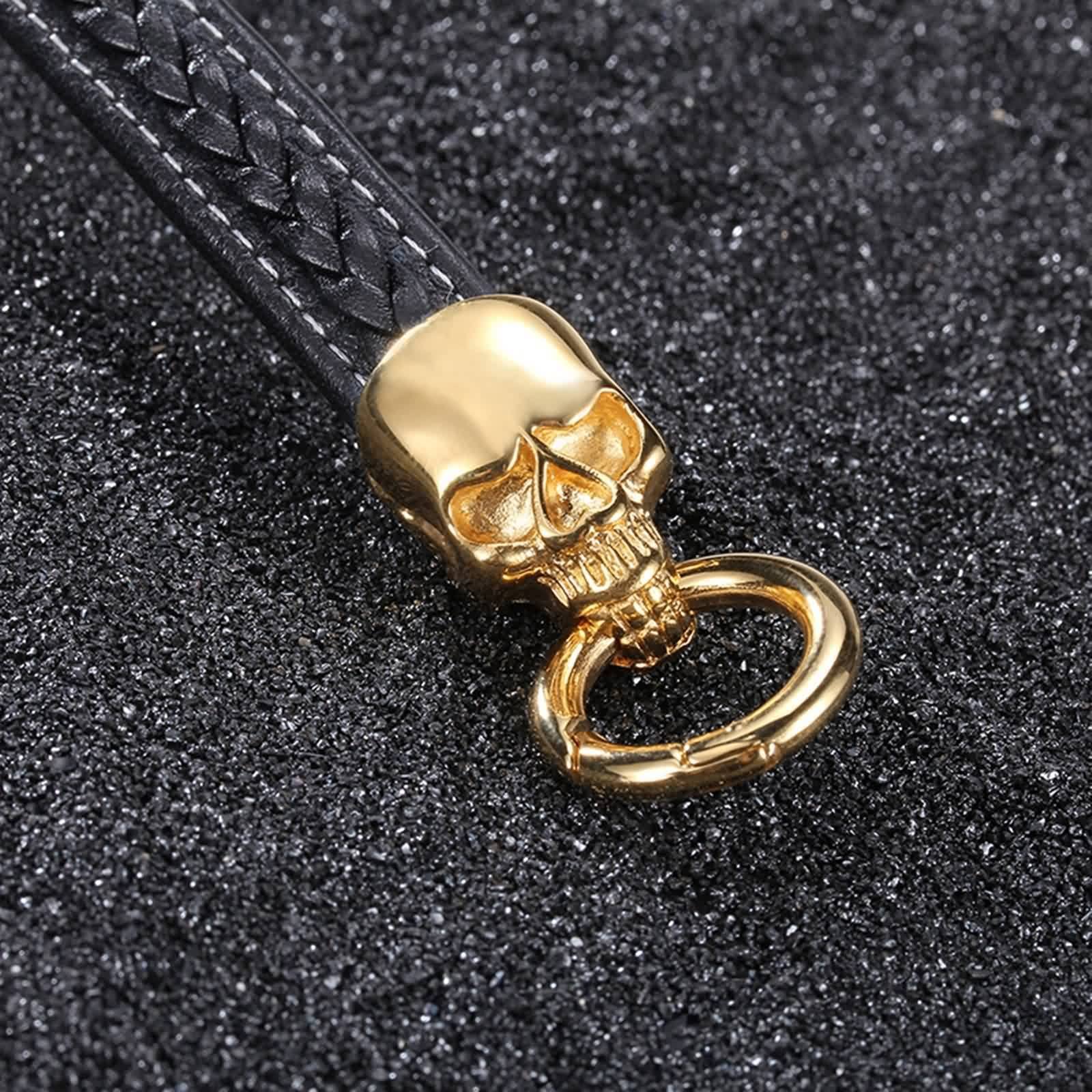 Bracelet Homme, Bracelet Cuir Tete de Mort Homme Acier Inoxydable Gourmette Cool Mode Bijoux Cadeau